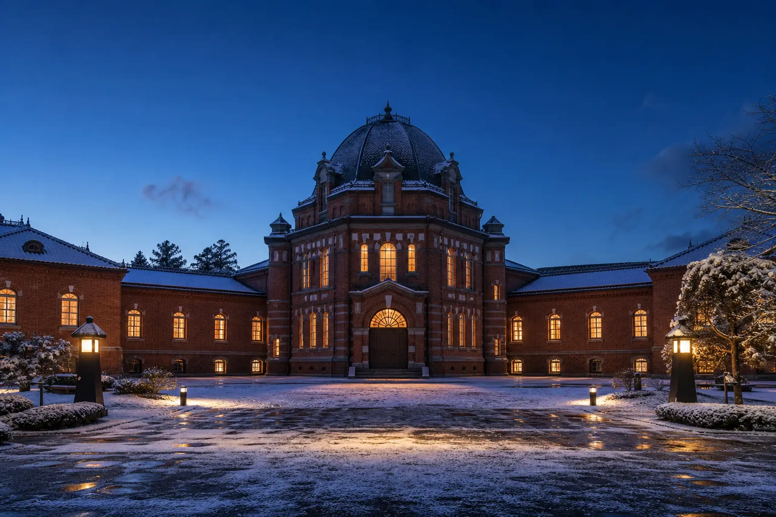 Restored Meiji-era brick former Nara Prison building at dusk, site of HOSHINOYA Nara Prison opening 2026