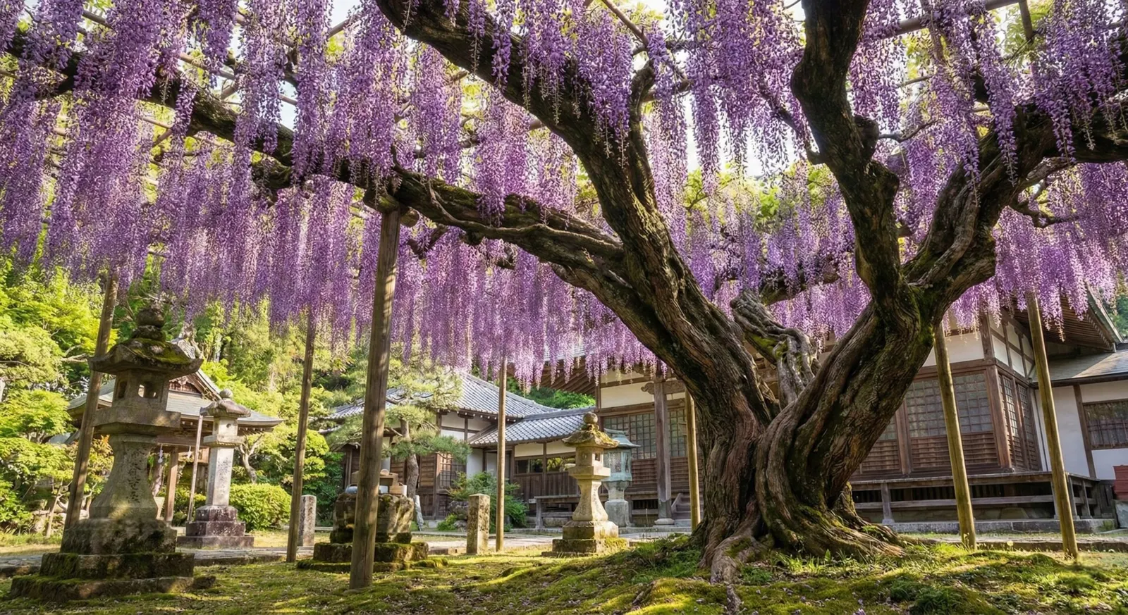 Long, hanging purple wisteria flowers blooming from a 300-year-old tree at Rinsenji Temple.
