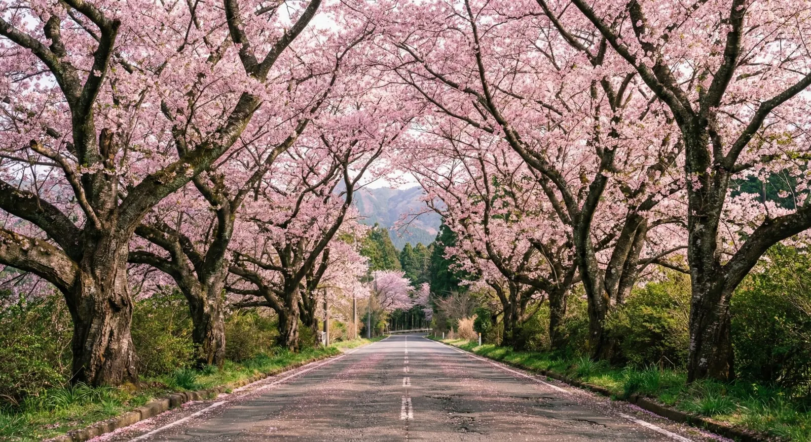 A breathtaking view of a long, paved road in Japan lined with hundreds of blooming cherry trees whose branches meet overhead to form a magical, continuous pink flower tunnel.