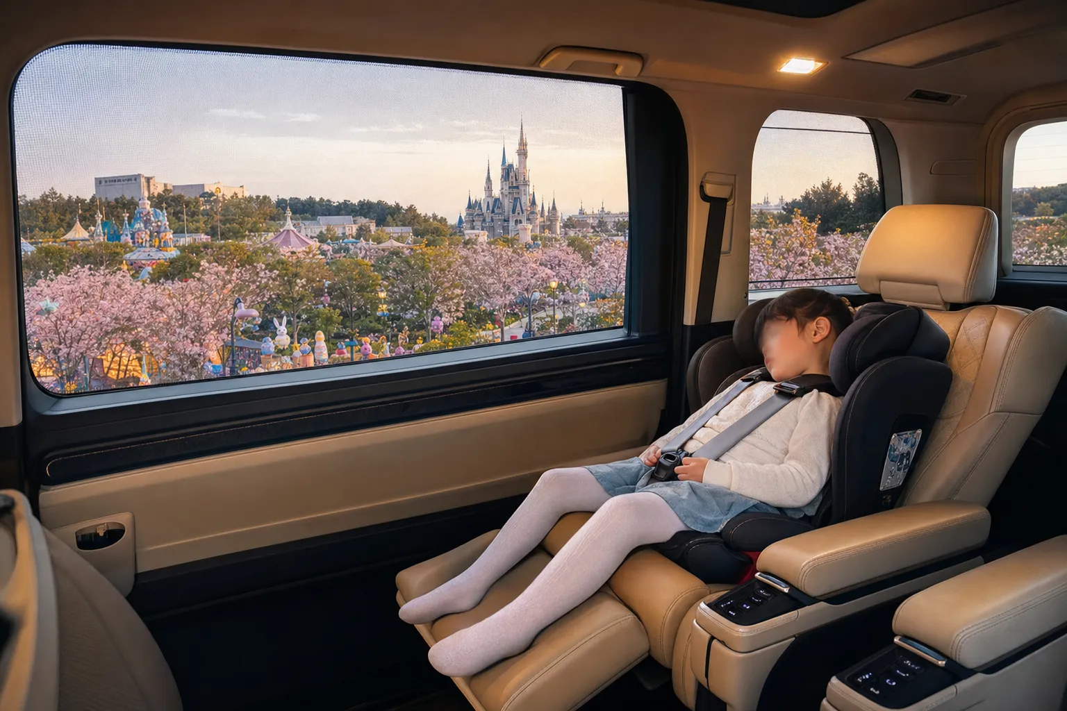 Spacious luxury minivan interior with a child asleep in a car seat during a transfer