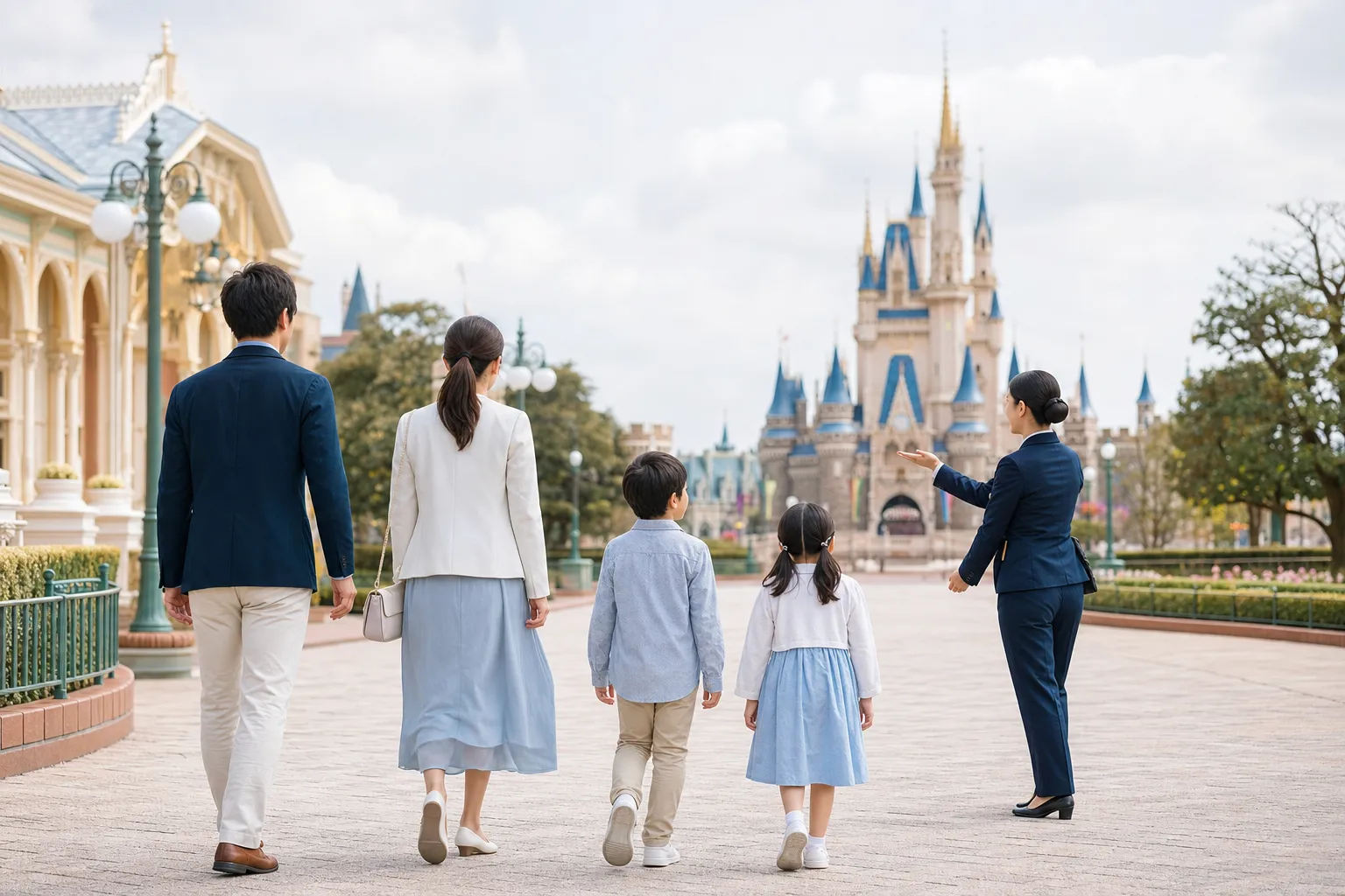 A family walking with a private guide along a theme park path on a calm day