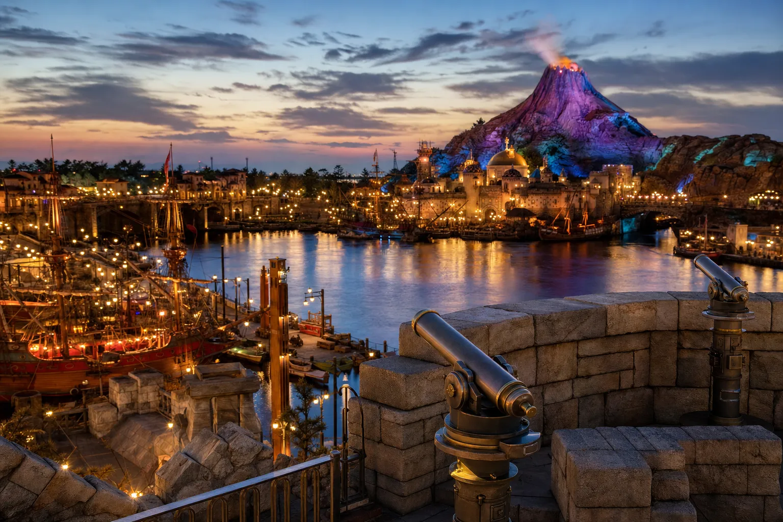 The stone ramparts and mounted telescopes of Fortress Explorations overlooking Mediterranean Harbor at Tokyo DisneySea in soft late-morning light