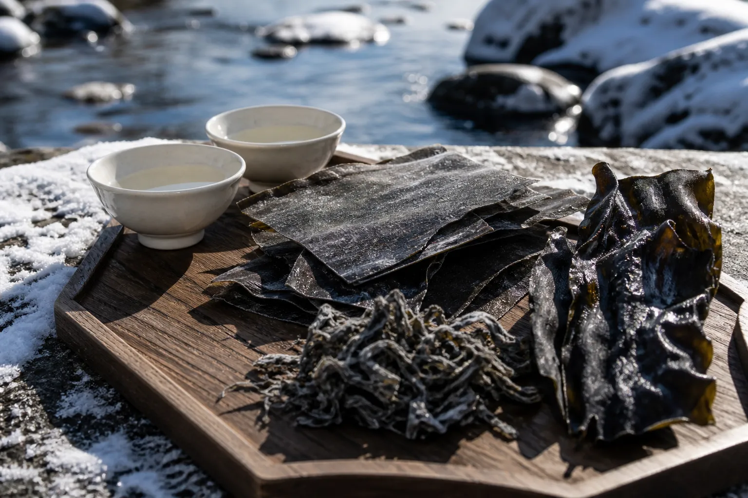 Assorted dried kombu on a tray with small cups of clear kombu water for tasting