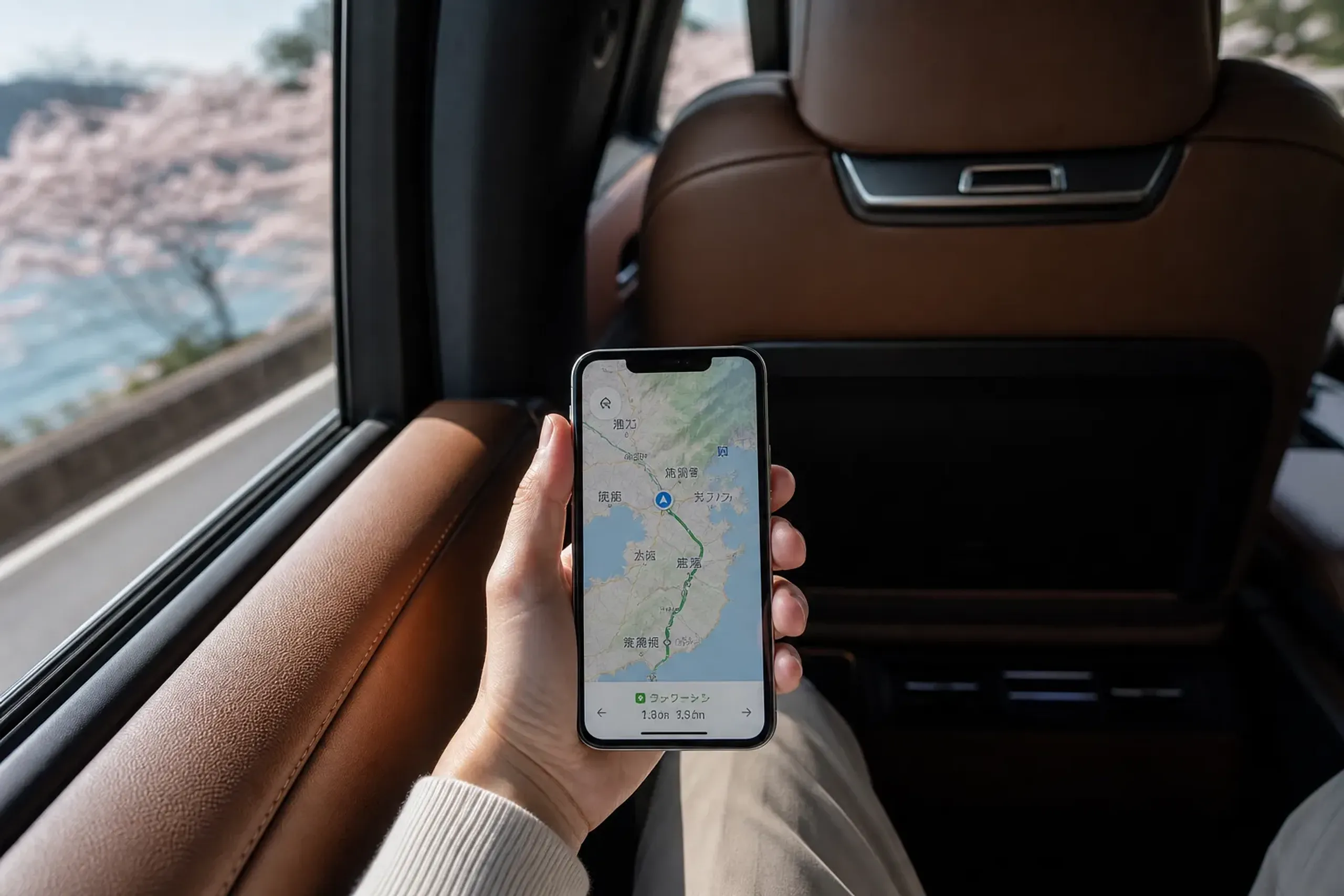 A smartphone screen showing a live map with a vehicle location pin and ETA along a Japanese route, held over a car's leather armrest