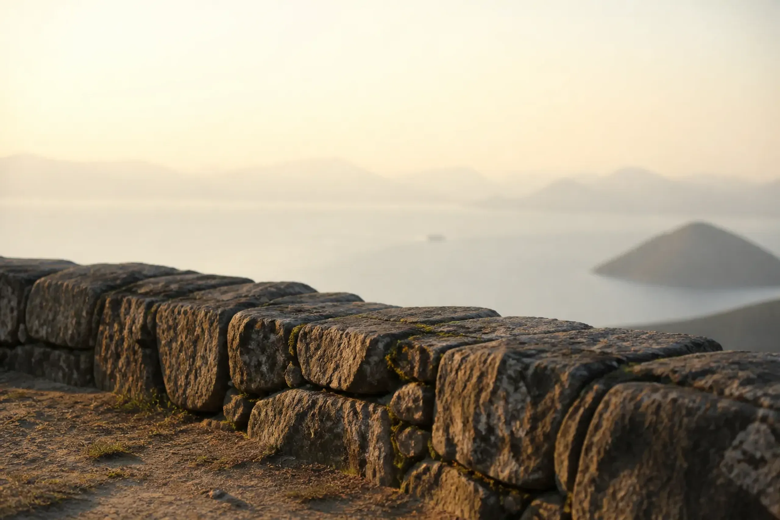 The surviving ancient stone walls of the seventh-century Yashima-no-ki fortress on the plateau's edge, with the Inland Sea below