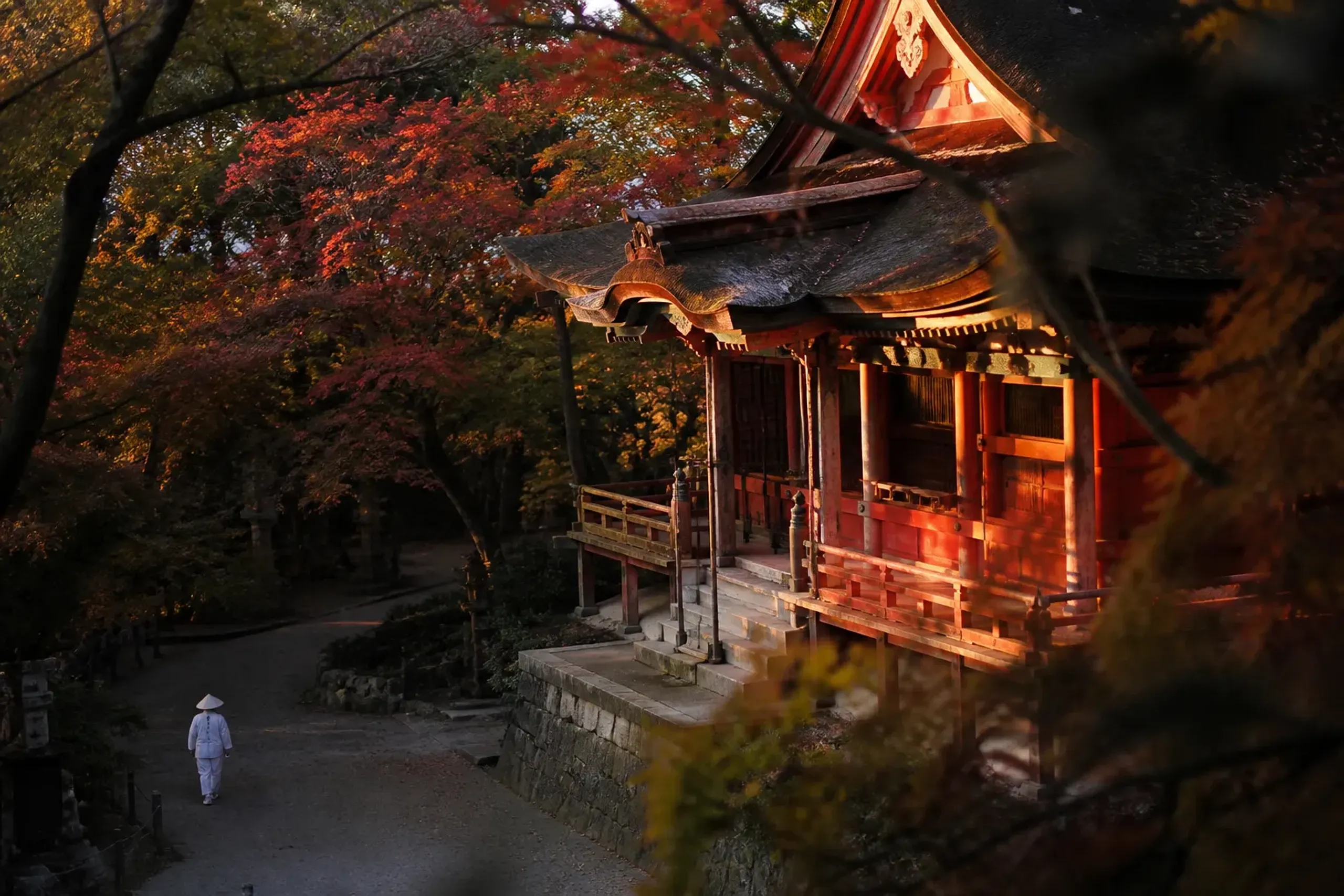 The vermilion main hall of Yashima-ji temple near the summit, the eighty-fourth temple of the Shikoku pilgrimage