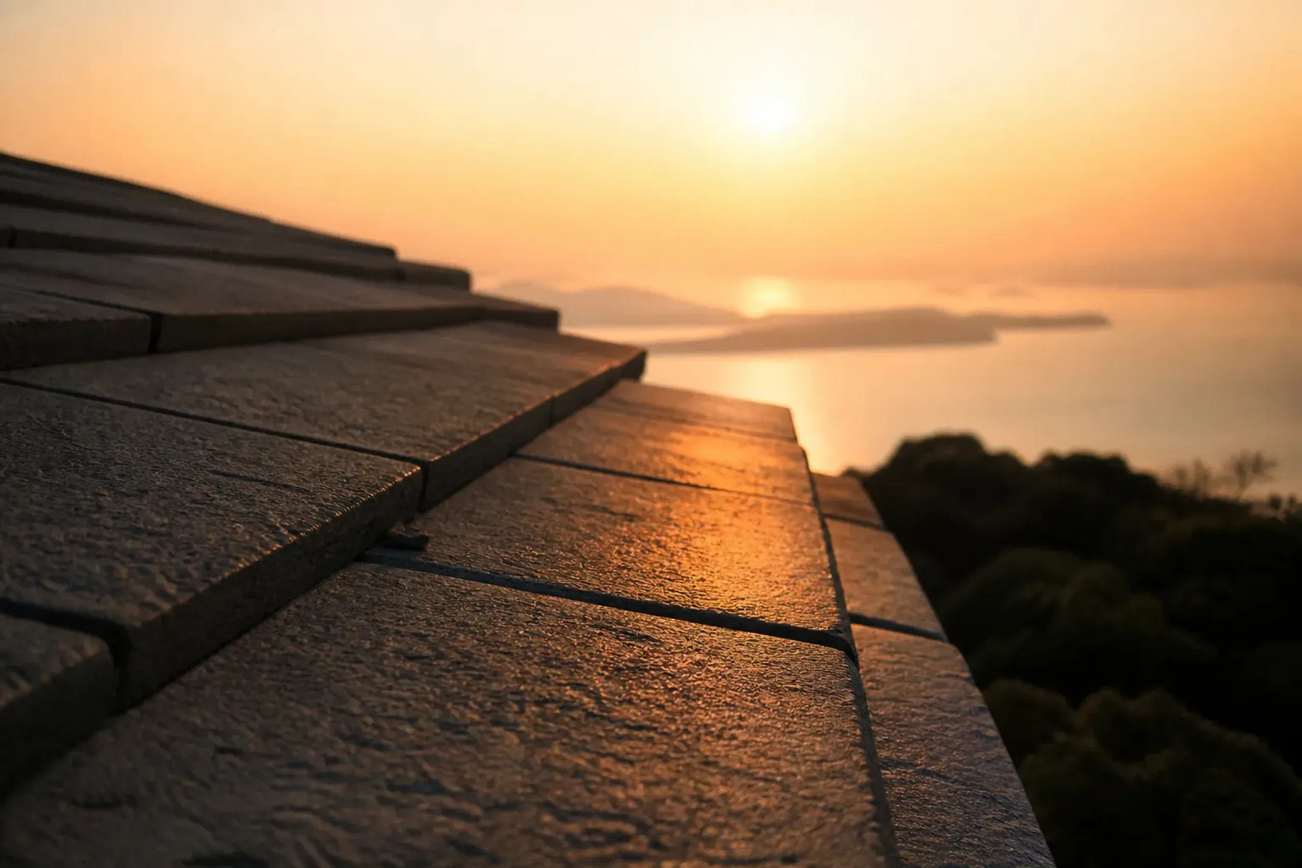 The Aji-stone granite tile roof of the Yashimaru observation building catching the shifting colour of the setting sun