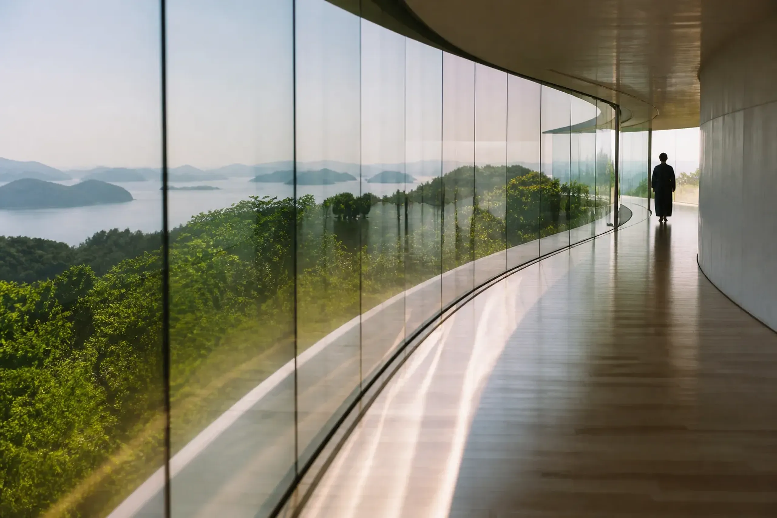 The curved glass-walled corridor of Yashimaru winding across the summit, framing the appearing-and-disappearing Inland Sea