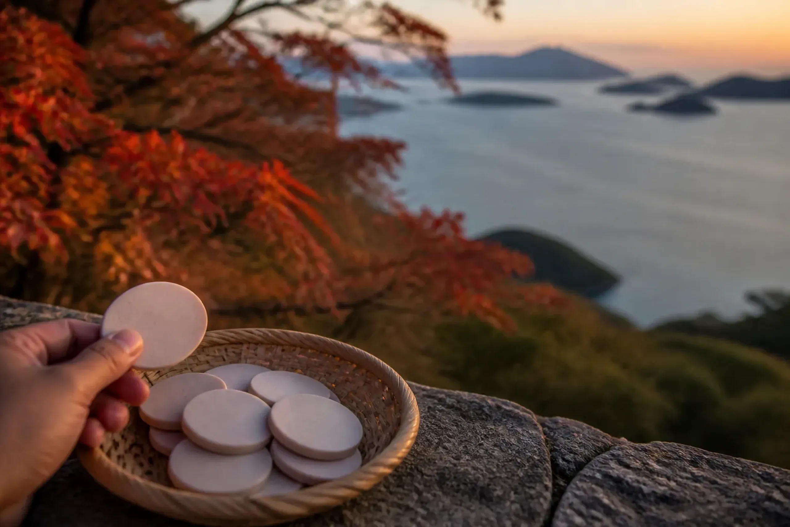 Small unglazed kawarake clay discs at the Shishi-no-Reigan rim, poised to be thrown out over the darkening Inland Sea at dusk