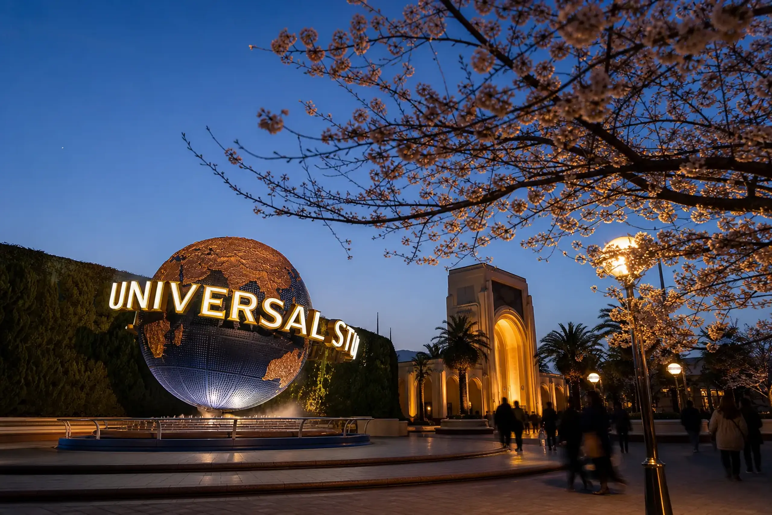 The Universal Studios Japan globe landmark at the Osaka park entrance during golden hour
