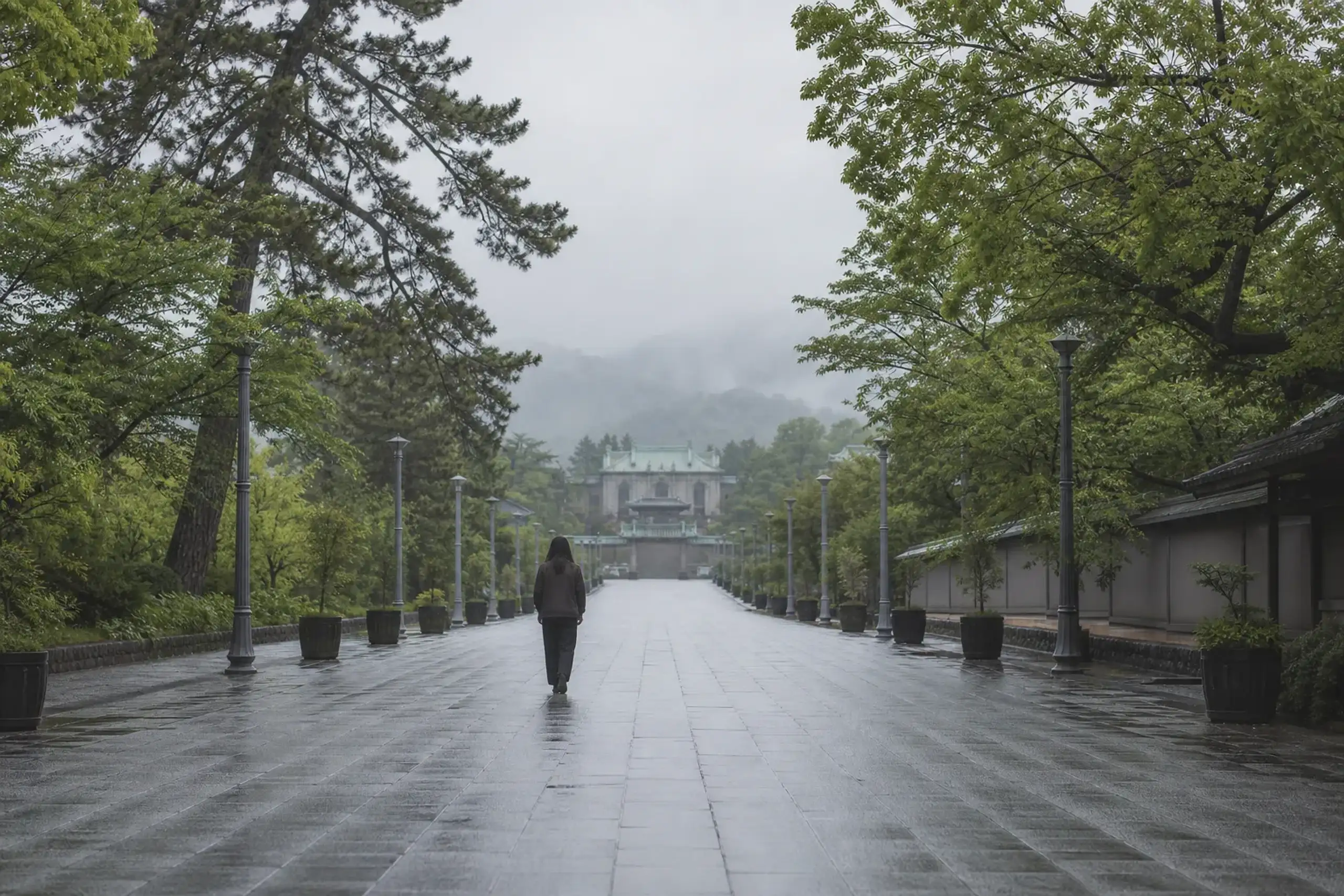 A quiet, uncrowded theme park walkway on an overcast early-summer weekday