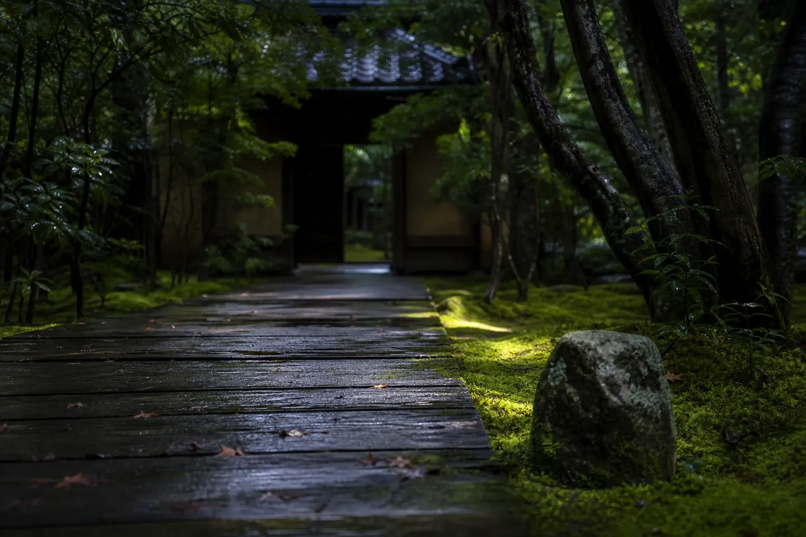 The moss-covered stone garden and weathered wooden approach of a quiet Kyoto temple grounds, empty and shaded, offering wabi-sabi silence away from the festival crowds
