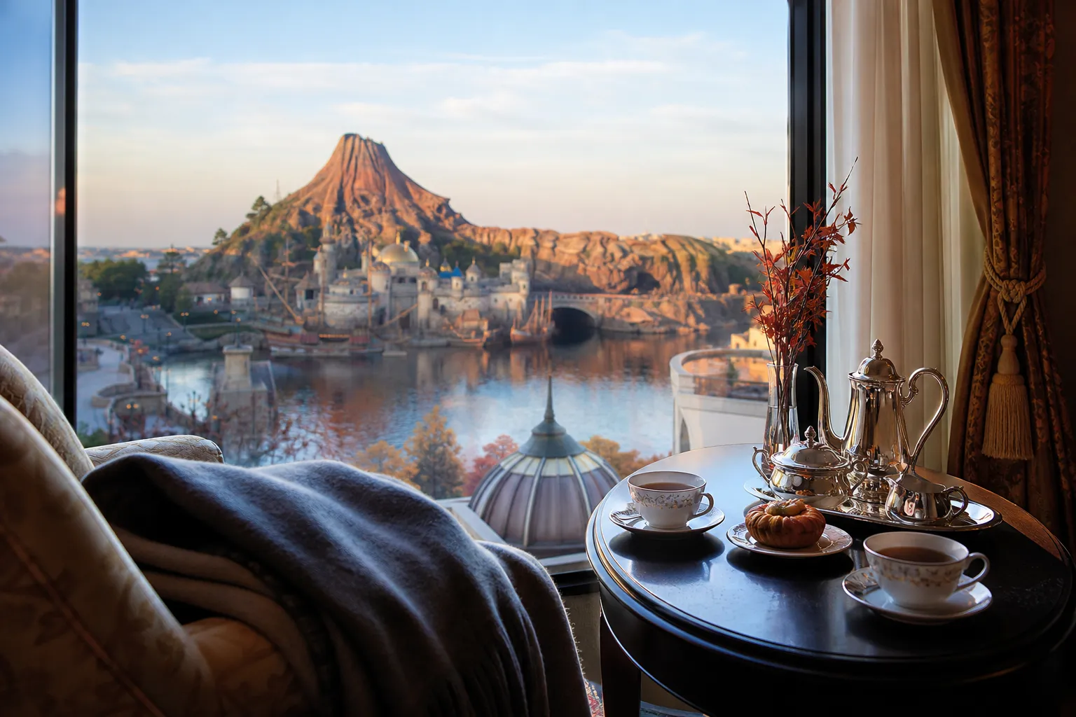 Luxury Disney hotel suite overlooking the DisneySea harbor in the morning