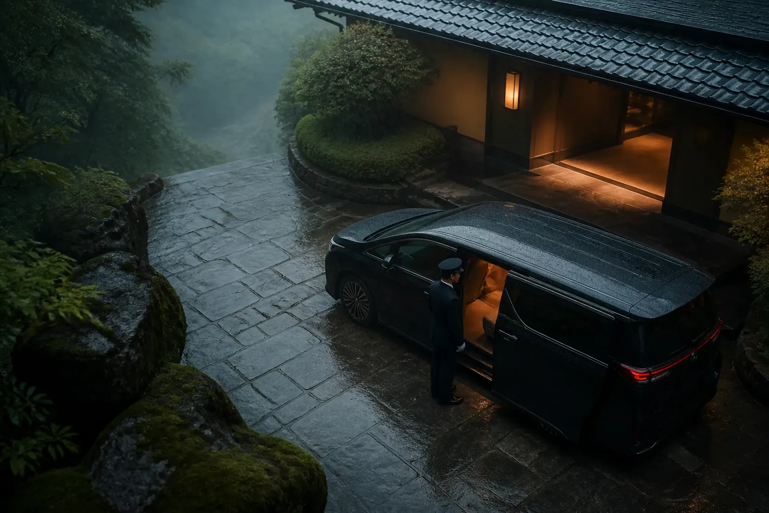 Black luxury minivan with tinted windows at a private hotel entrance with a chauffeur at dusk