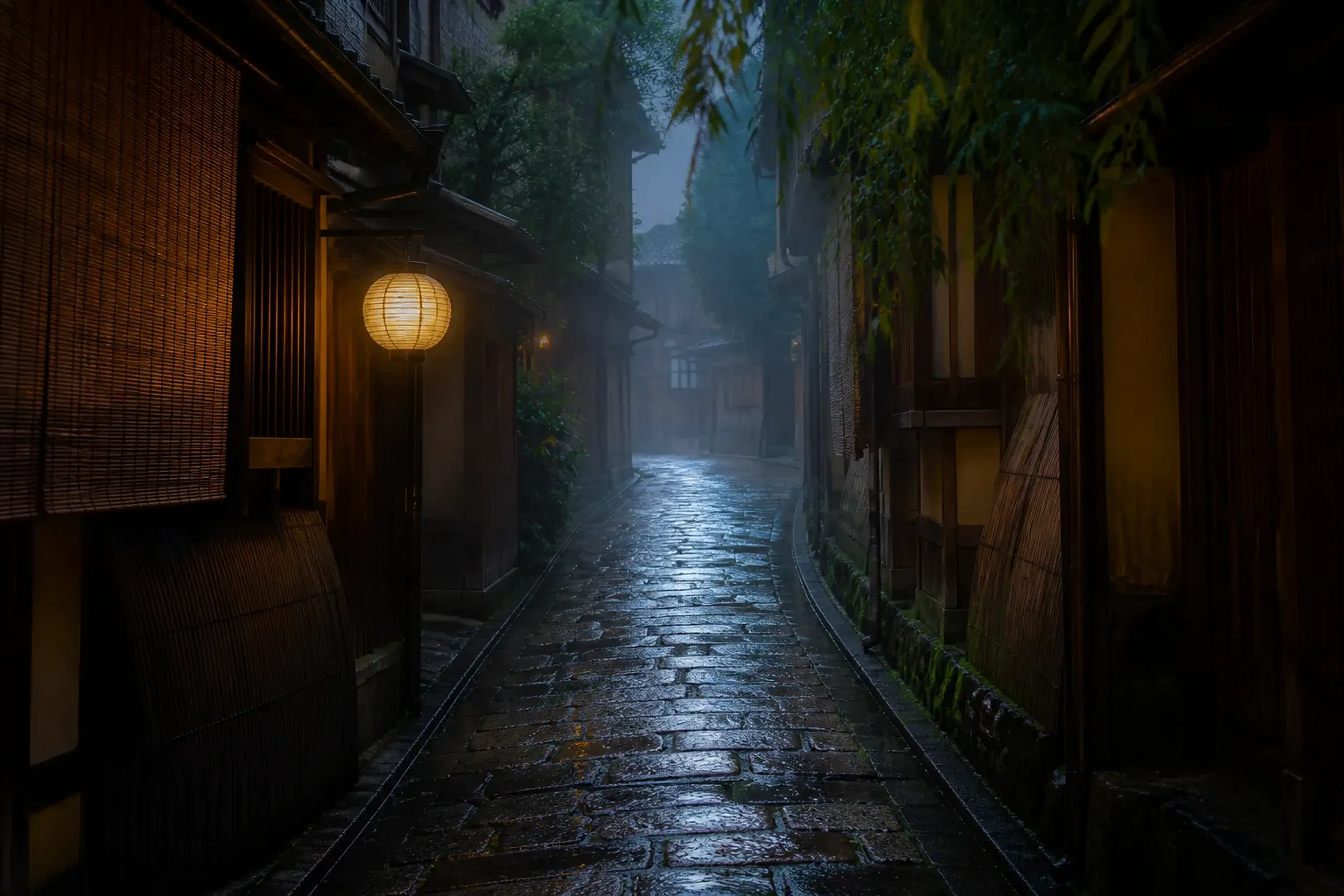 Empty stone-paved Gion lane in Kyoto at dawn with traditional wooden buildings and mist