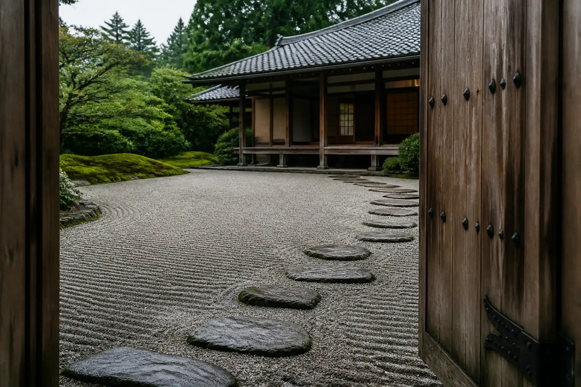 Manicured garden and wooden gate of a Kyoto imperial villa with raked gravel path