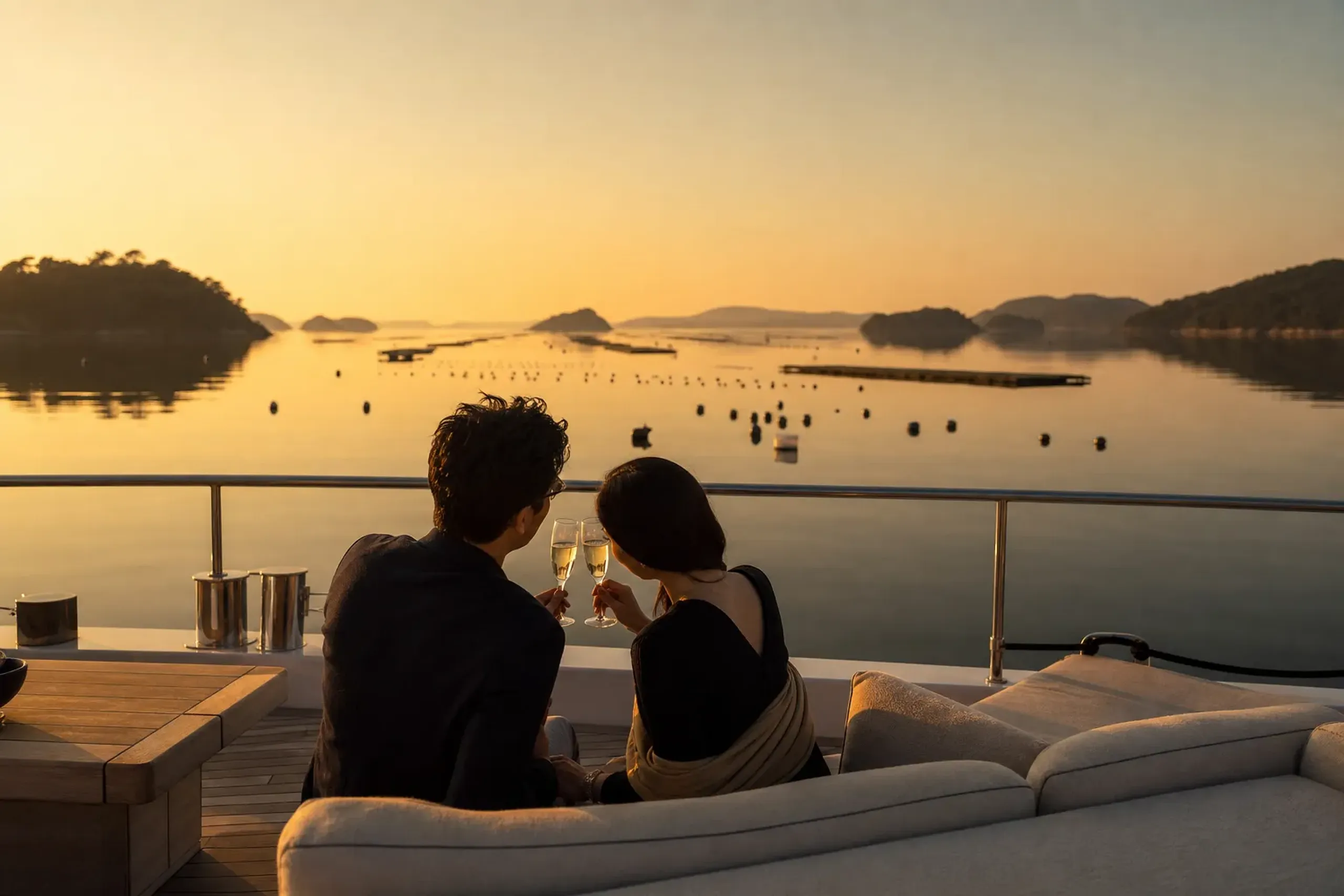 A couple toasting champagne on a yacht deck at sunset, seated on outdoor couches with water and islands in the background.