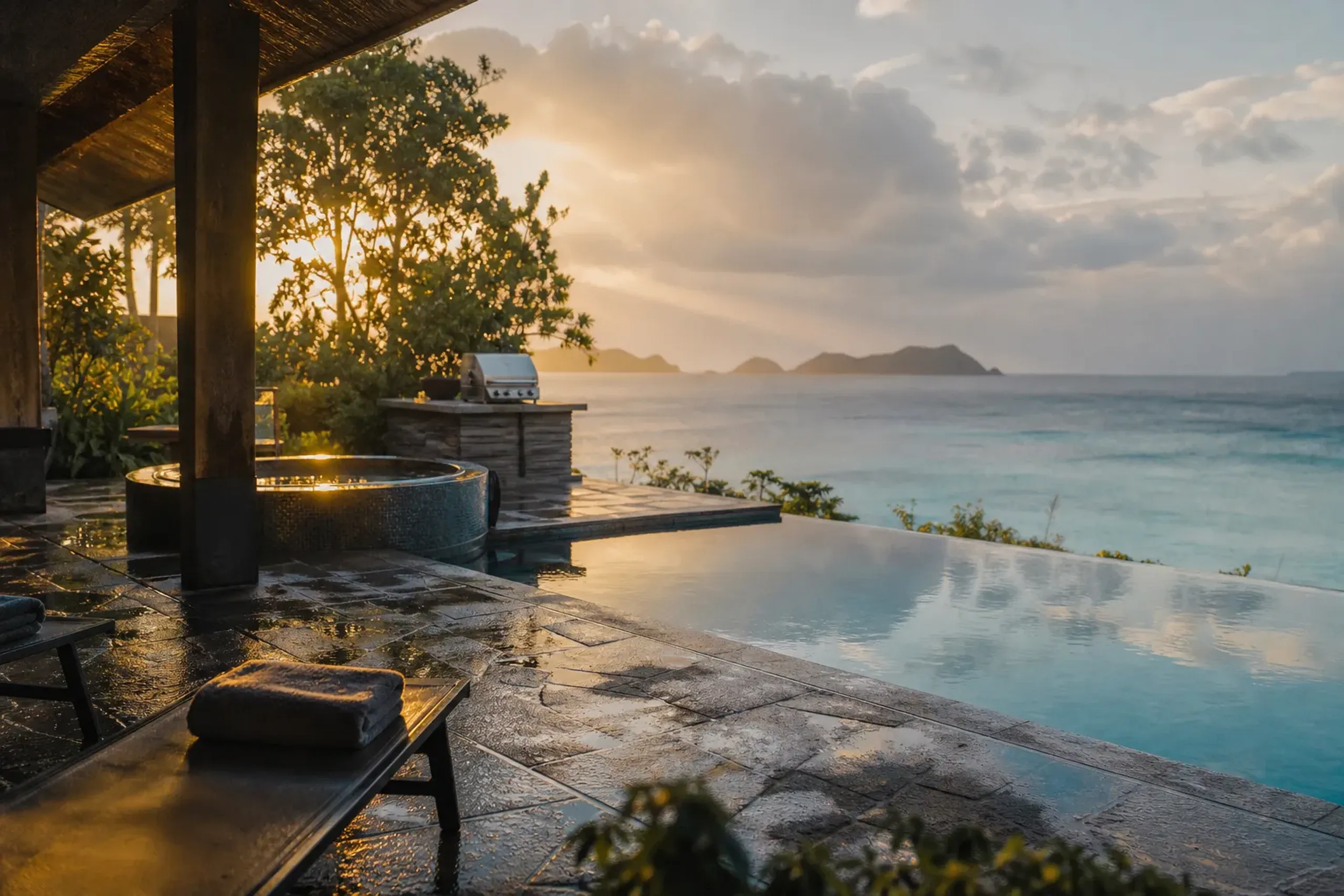 a private-pool glamping villa at Mare Blu Amami with its own jacuzzi and BBQ terrace overlooking the turquoise shallows