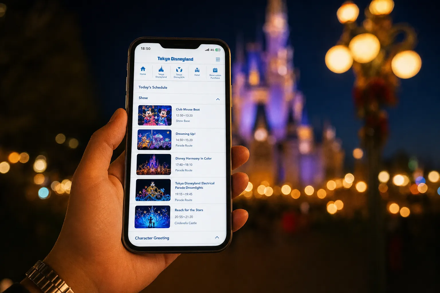 Smartphone showing an official Tokyo Disney Resort page while standing in the park at twilight