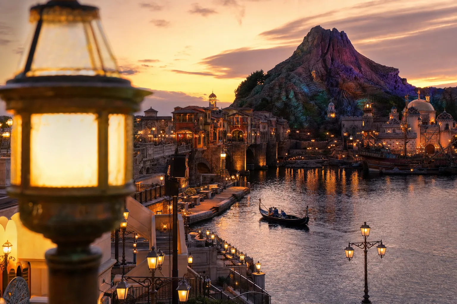 the honey-gold sunset light reflecting across the waterfront harbor of Tokyo DisneySea, with the Mediterranean-style harborside architecture catching the golden-hour glow