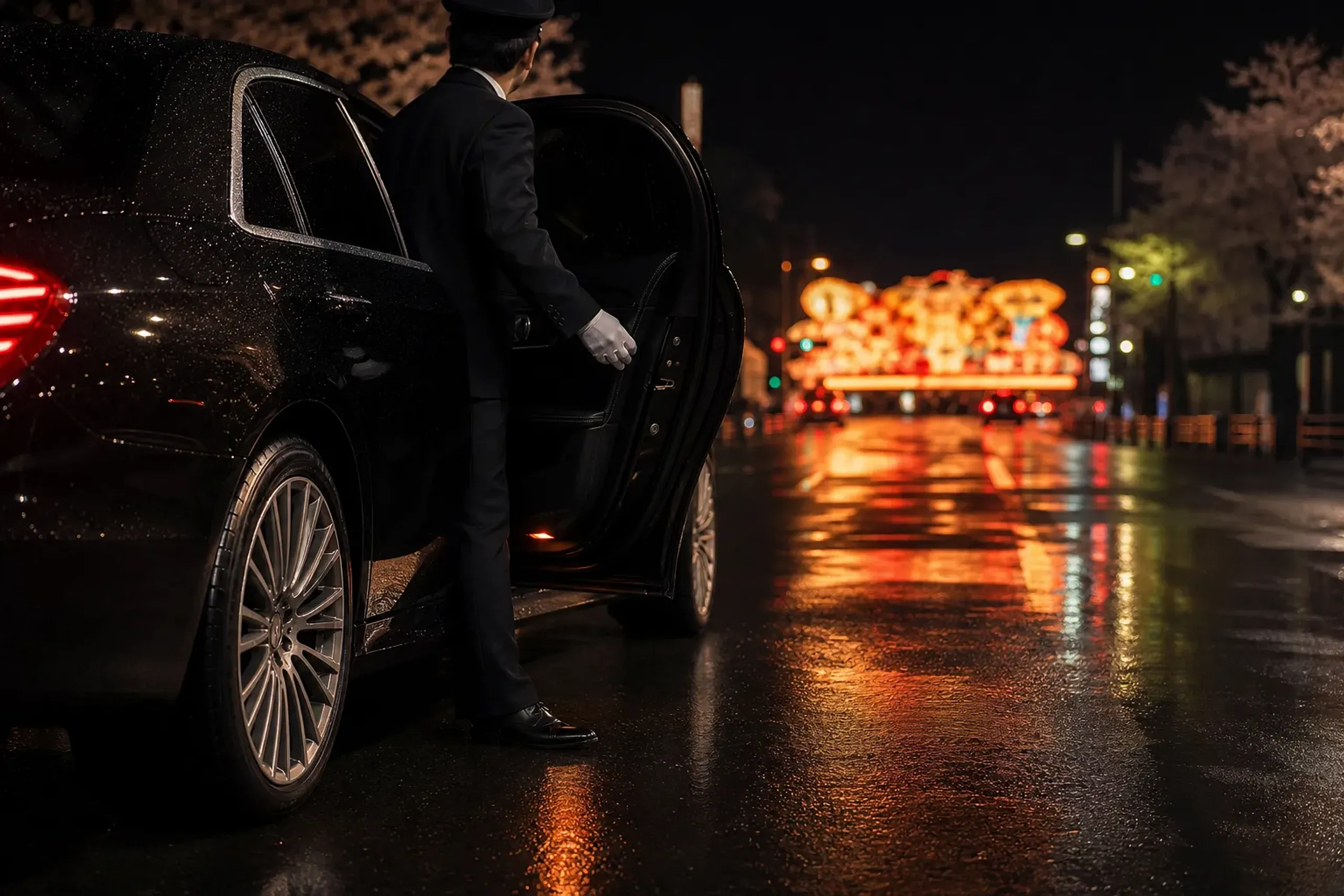 Chauffeured private vehicle arrival in Aomori at night with festival lights in the distance
