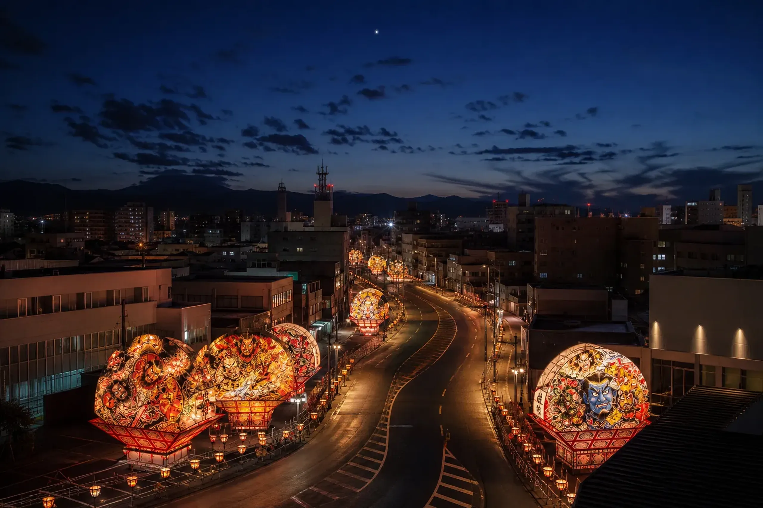 the roughly three-kilometer central Aomori parade loop with its closed streets curving through the illuminated downtown district