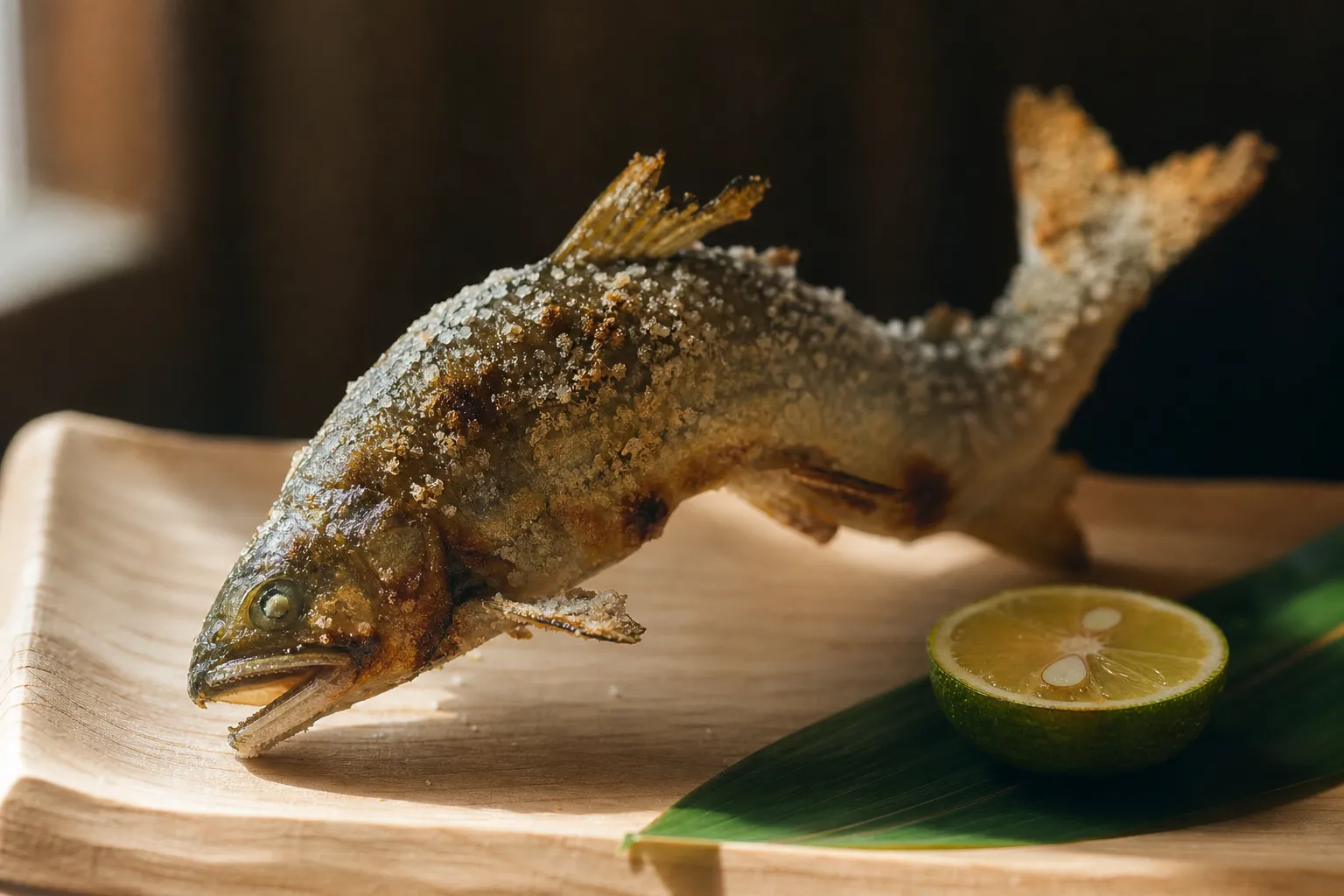 Salt-grilled ayu sweetfish served simply with citrus and garnish, a classic summer dish tied to ukai season