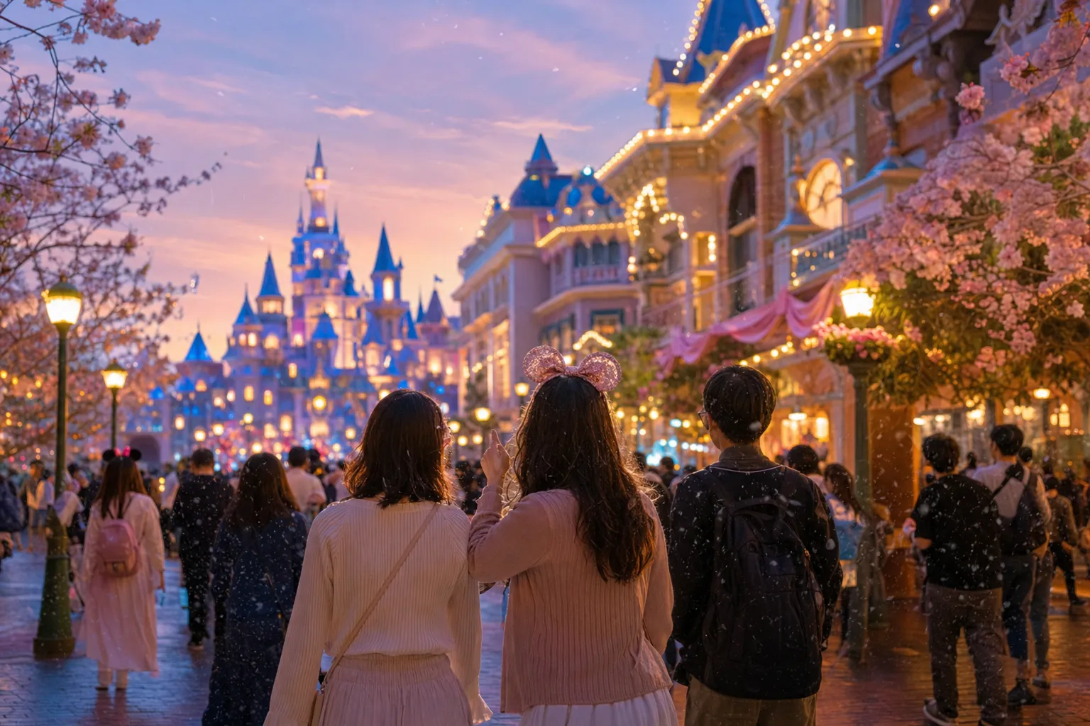 Guests walking at Tokyo Disneyland during the Summer Cool-off season with water mist and summer sunlight