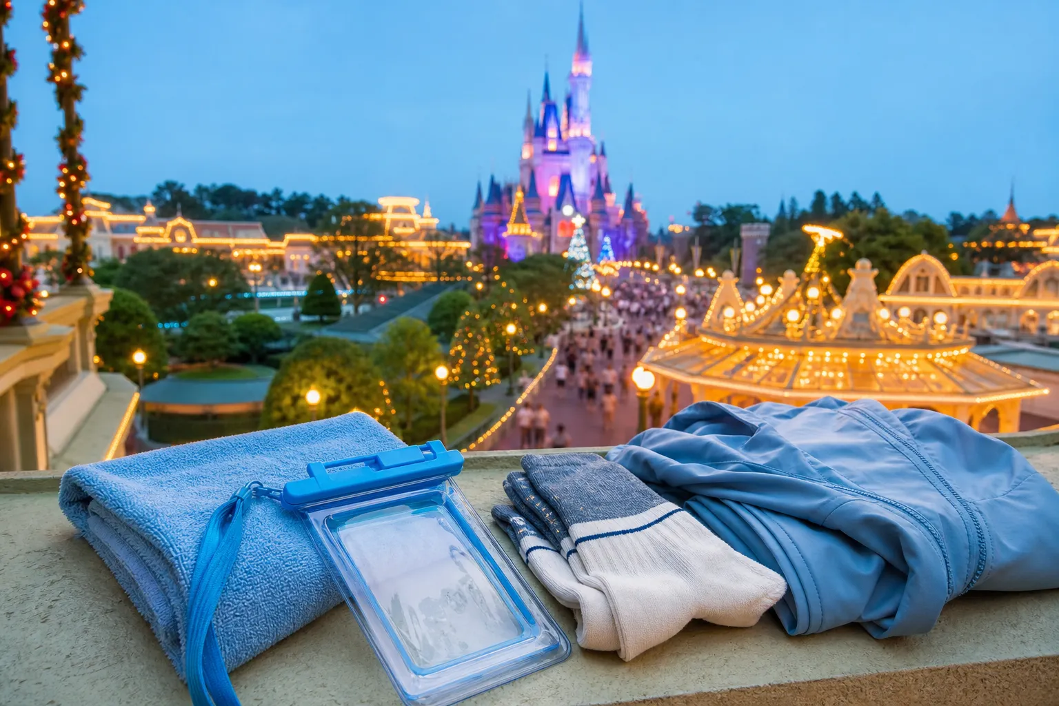 A microfiber towel, waterproof phone pouch, spare socks, and light layers prepared for a Tokyo Disney Resort summer day
