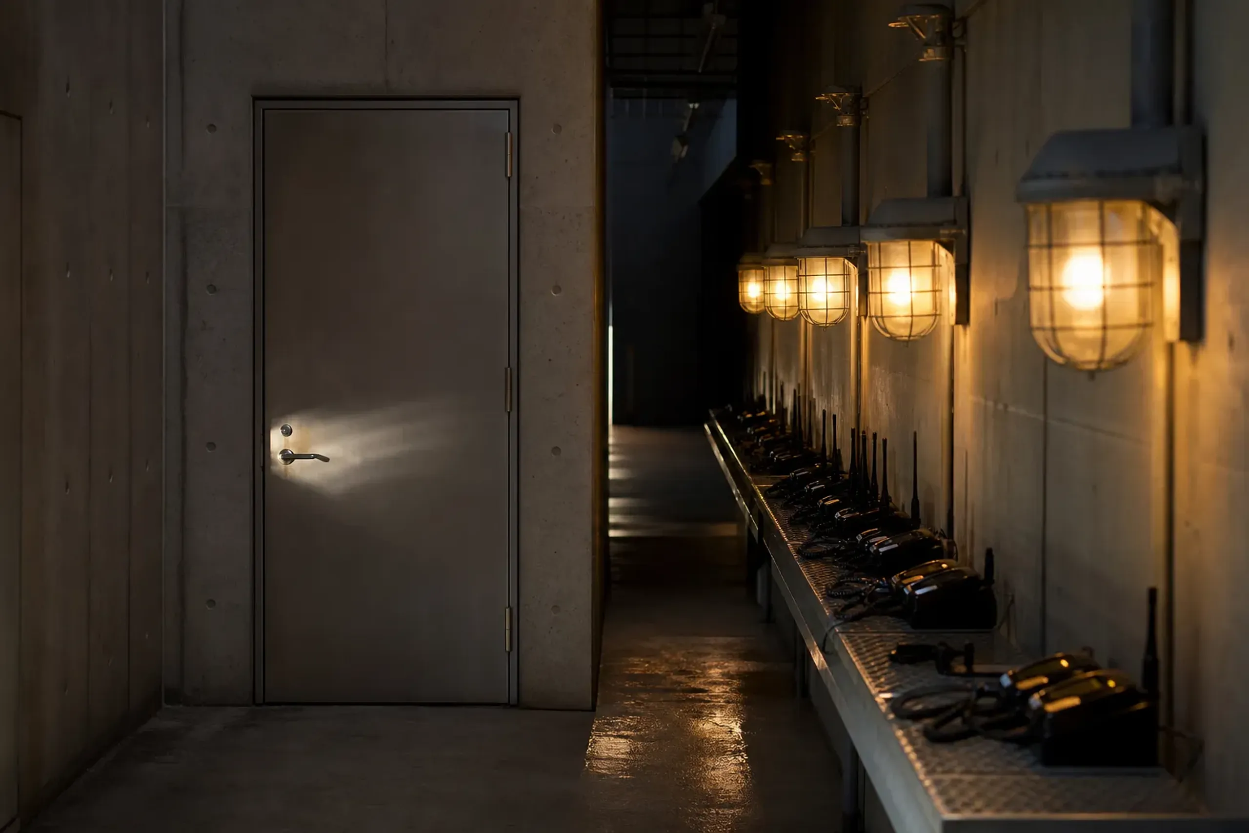 A plain, unmarked staff service door in a backstage corridor at Universal Studios Japan, lined with hanging work lights and coiled radios on a metal shelf, no crowds or signage