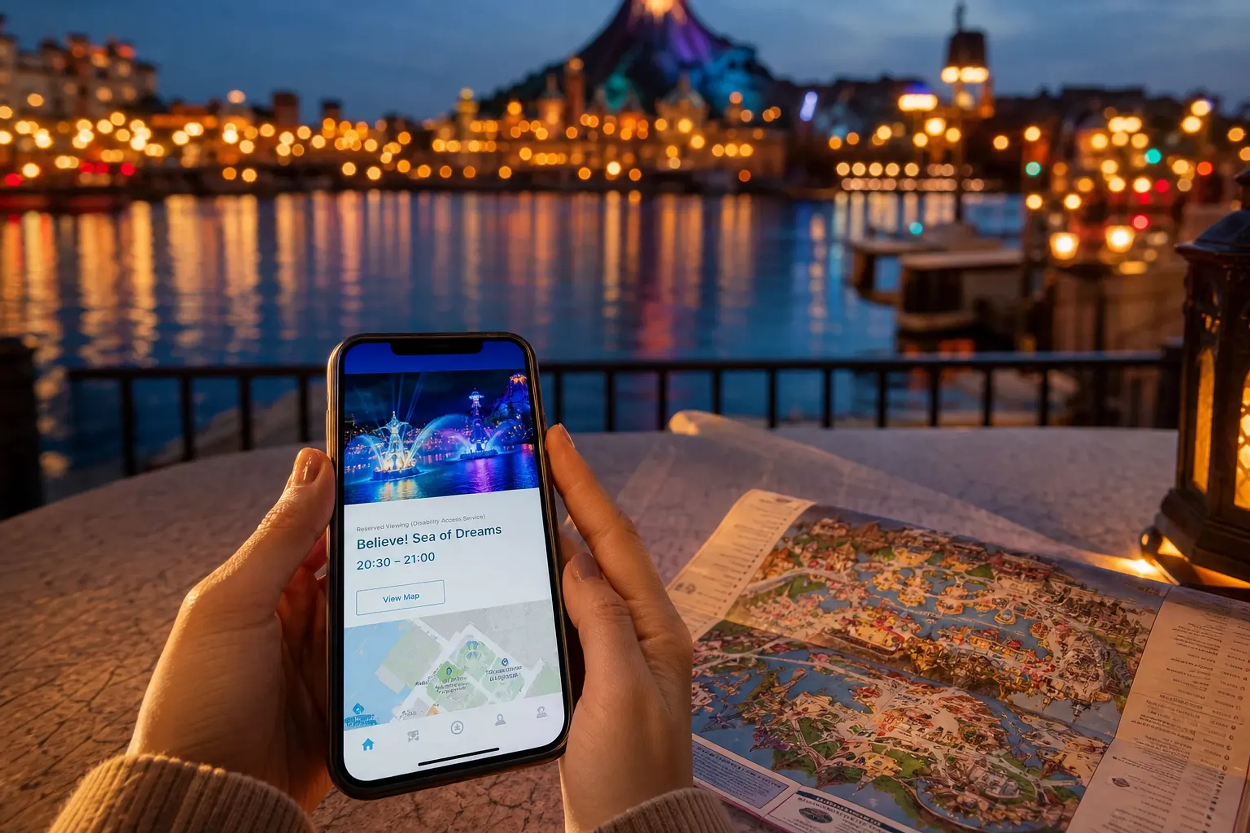 Guest using the Tokyo Disney Resort app to purchase Disney Premier Access in the evening