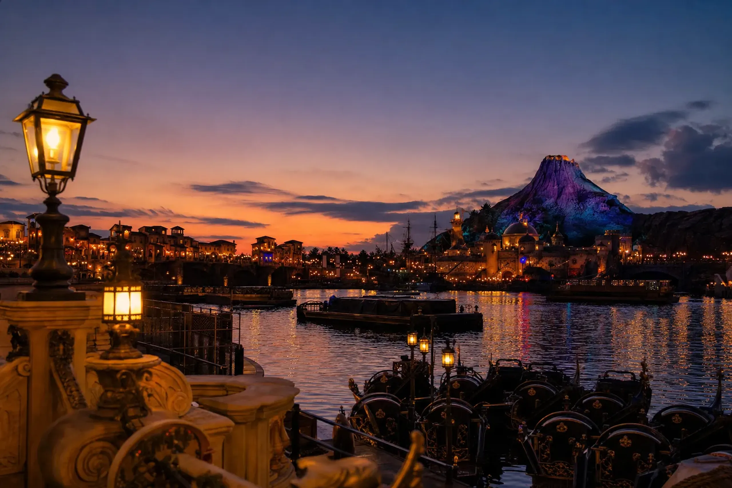 Mediterranean Harbor at Tokyo DisneySea in twilight before the nighttime spectacular