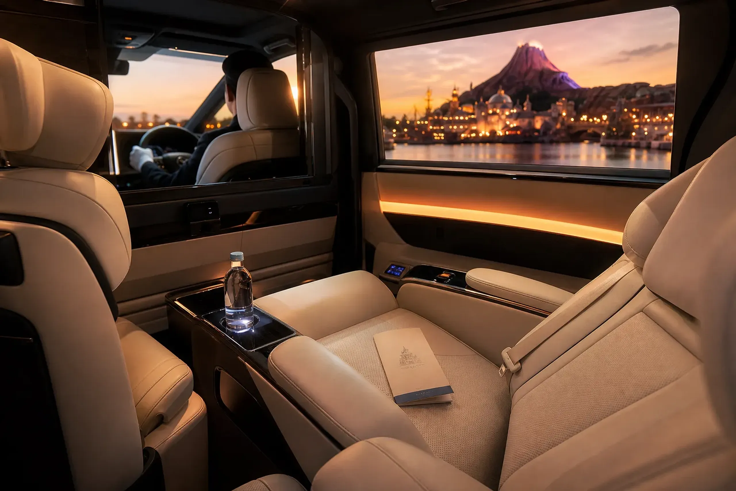 Interior of a luxury Lexus LM chauffeured minivan for a private transfer to Tokyo Disney Resort