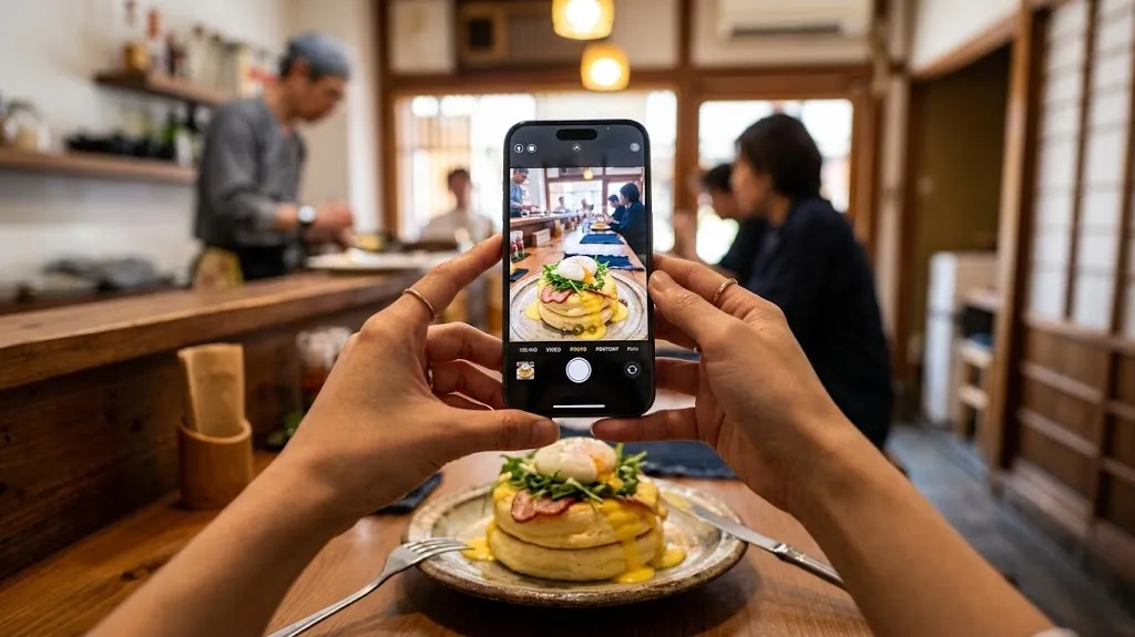 A first-person perspective shot of a hand holding a smartphone to photograph an aesthetic pancake plate in a sunlit, warm café interior.