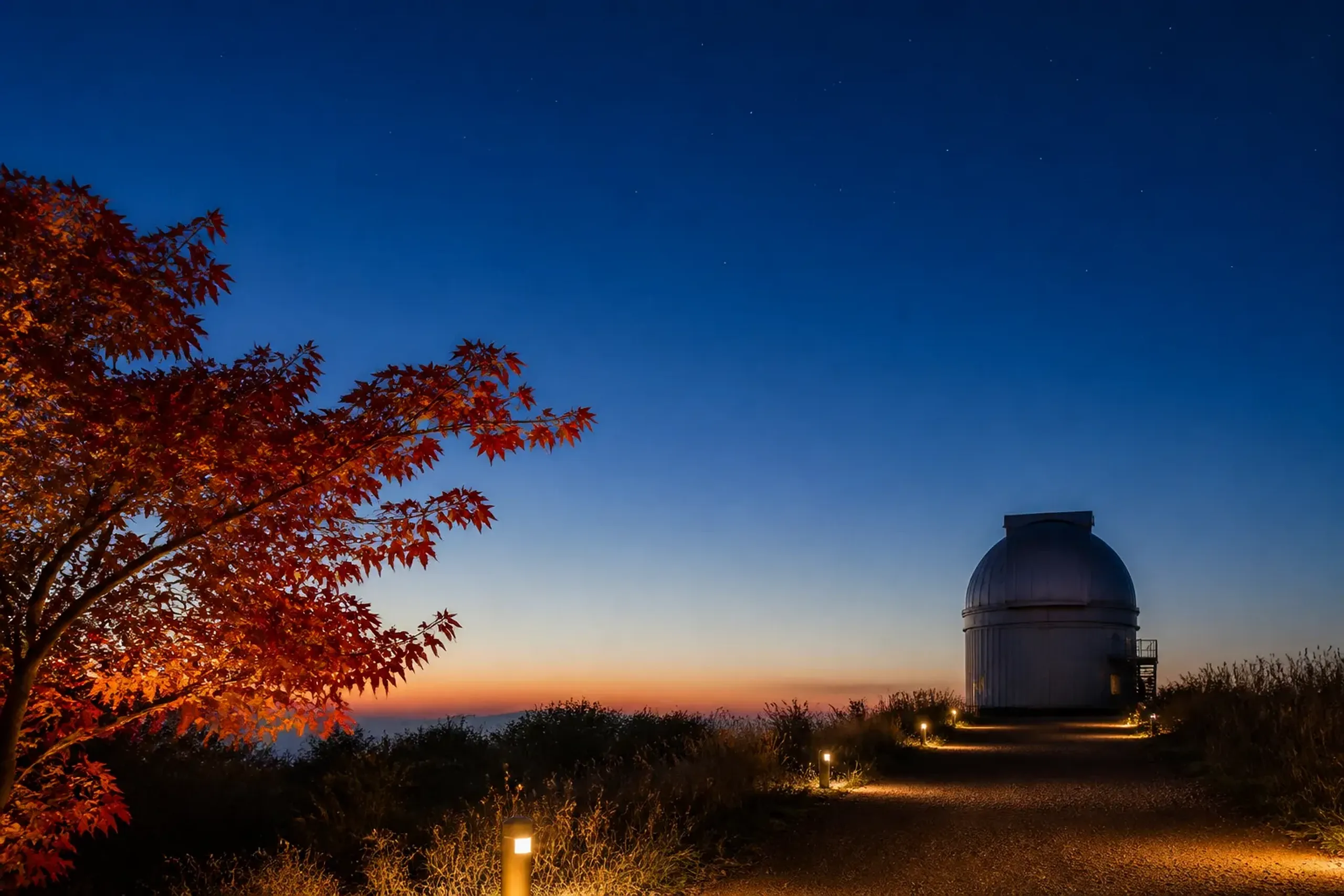 Shosanbetsu Astronomical Observatory dome in Hokkaido under a darkening sky