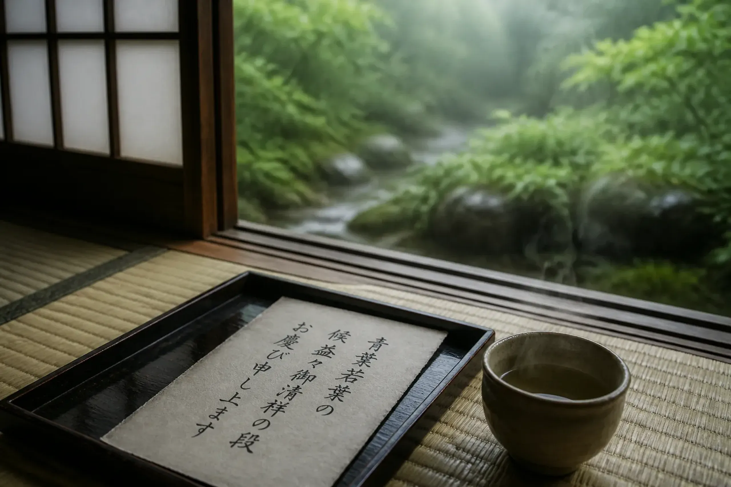 Handwritten Japanese note on a tray beside a tea cup on tatami, suggesting a private introduction