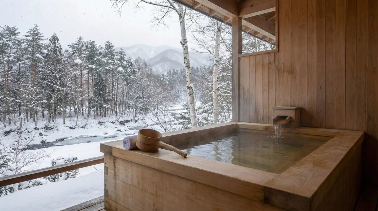 Private outdoor hot spring bath with a view of the winter landscape in Hokkaido.