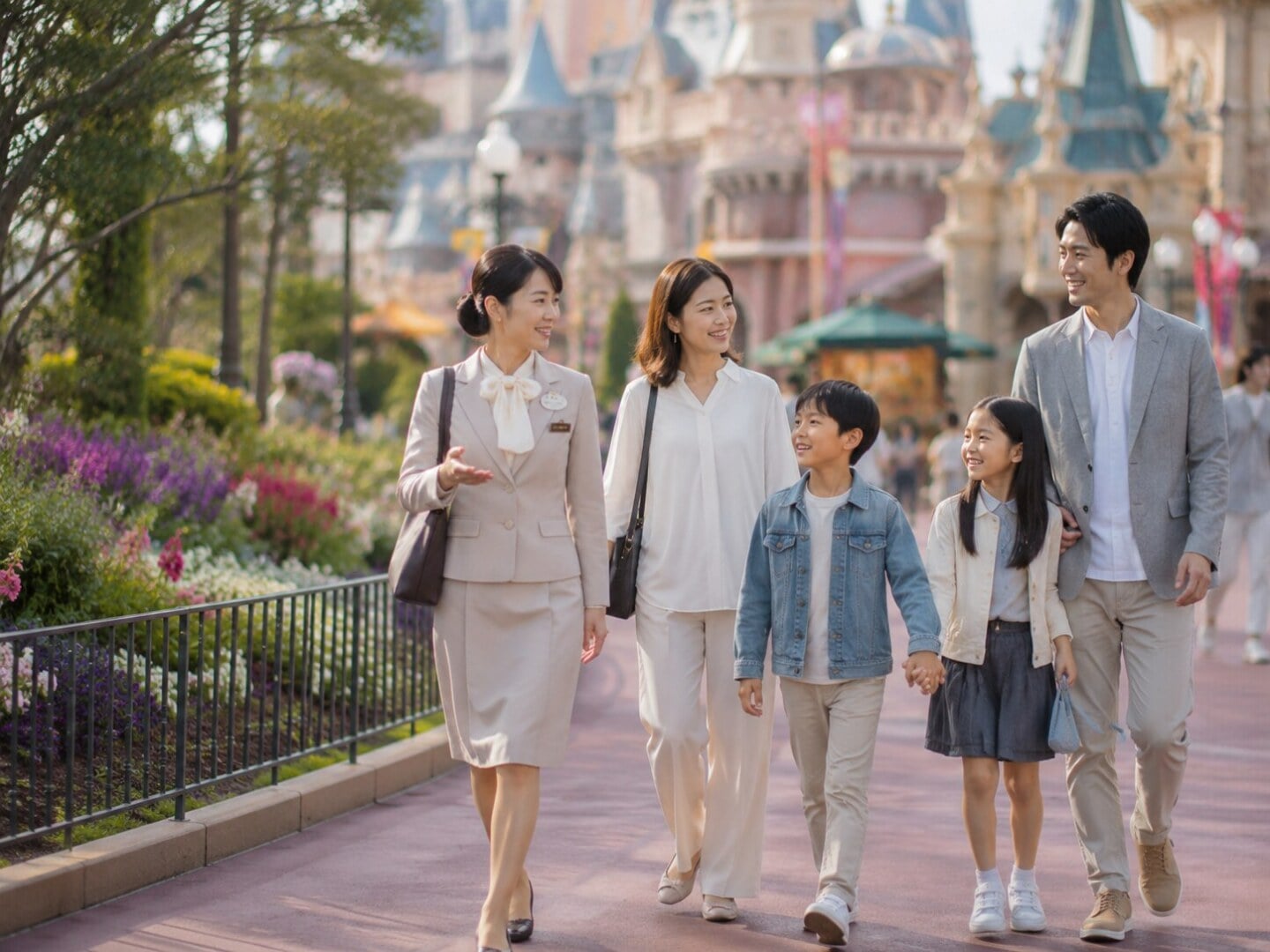 Family of five strolling down a sunny path with flowers, holding hands and smiling, castle backdrop in a theme park.