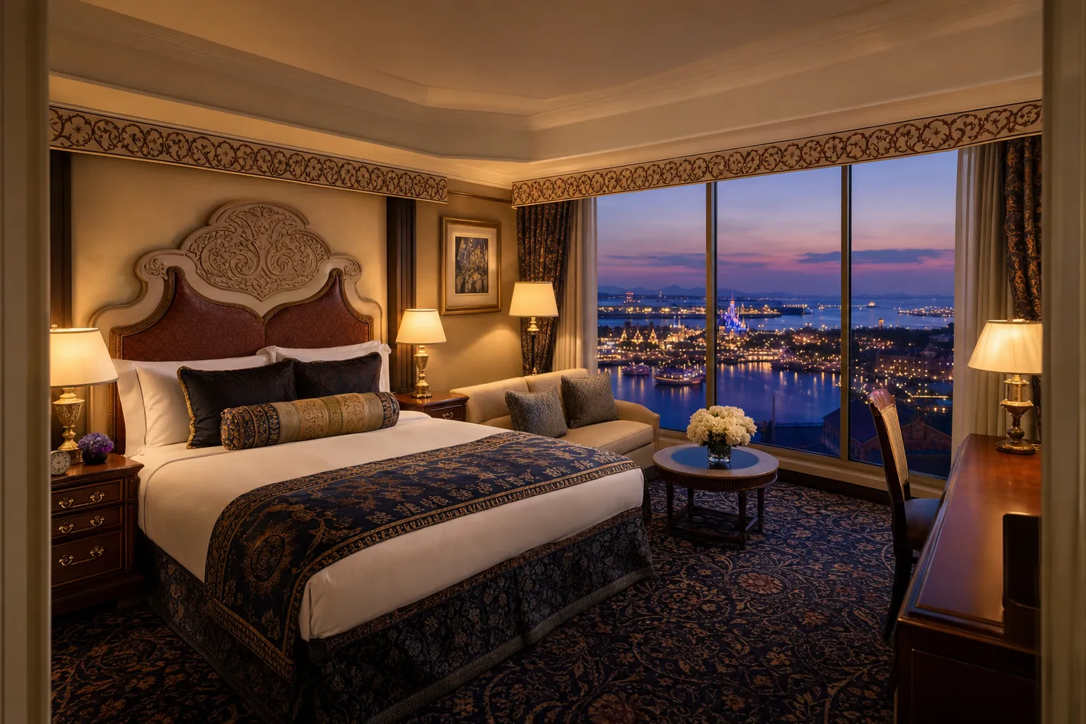 Luxury hotel room with a large bed, decorative pillows, and an ornate headboard; warm lamps illuminate a seating area by a window with a city and water view outside.