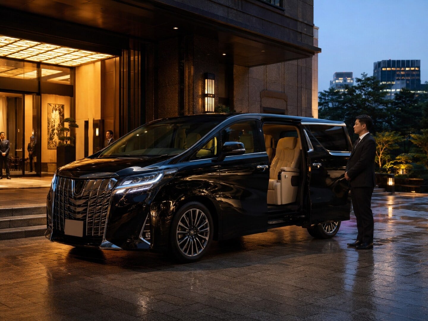 Black luxury SUV with the rear door open, a chauffeur in a suit stands by at a hotel entrance at dusk.