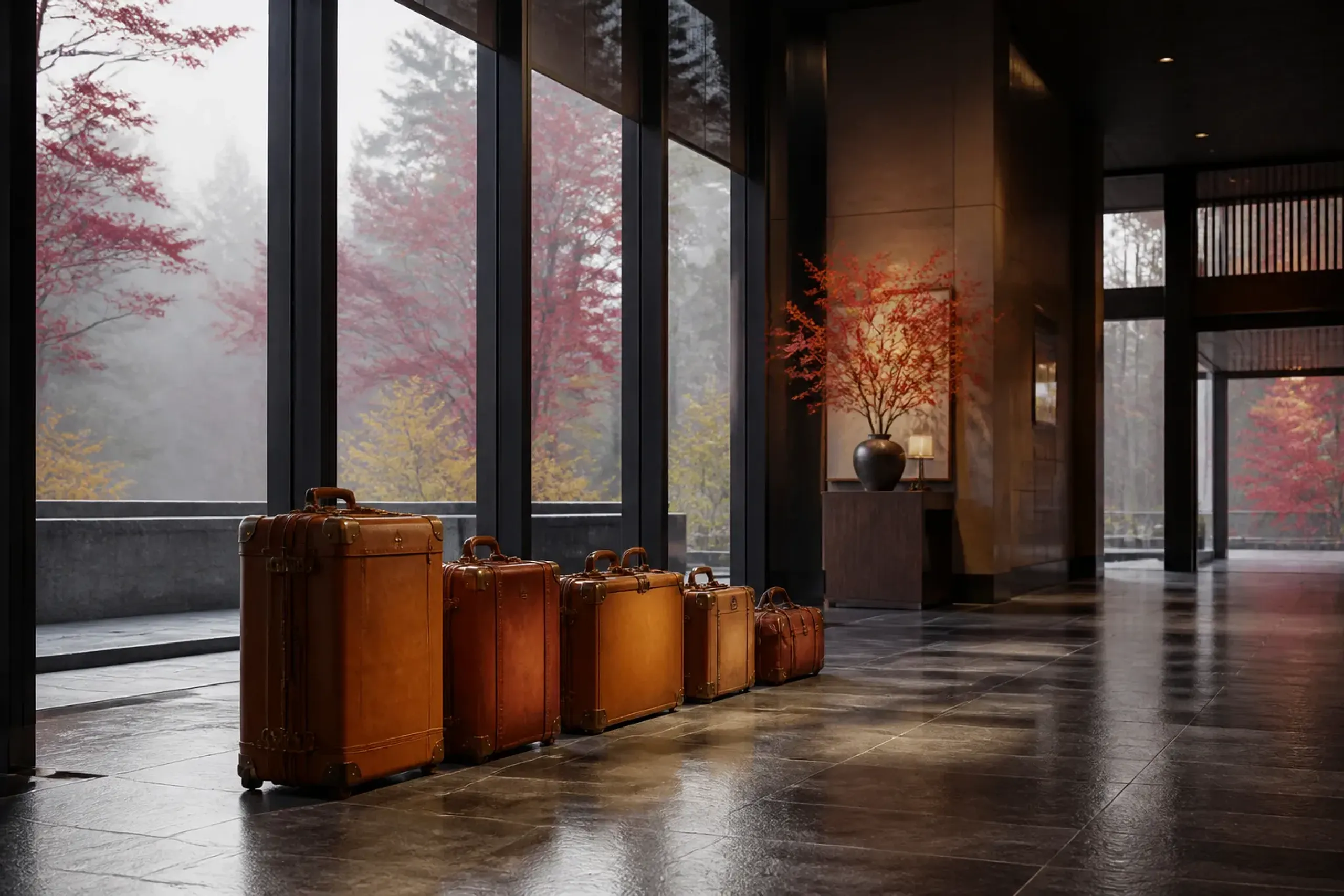 a row of premium leather luggage lined up in a hushed Tokyo hotel lobby with morning light through tall windows