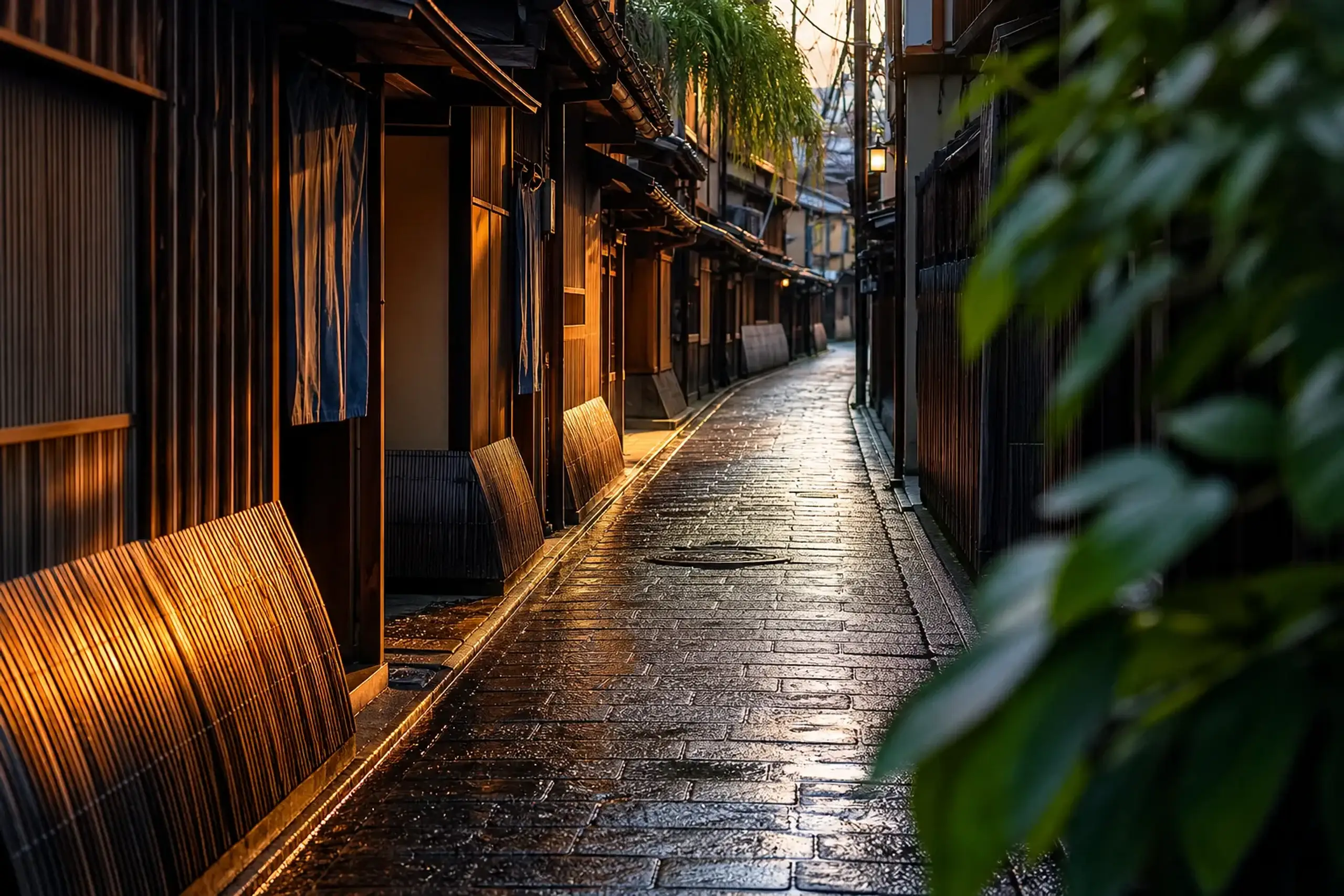 a quiet Kyoto side street in Gion lined with wooden machiya townhouses and hanging noren curtains in late afternoon light