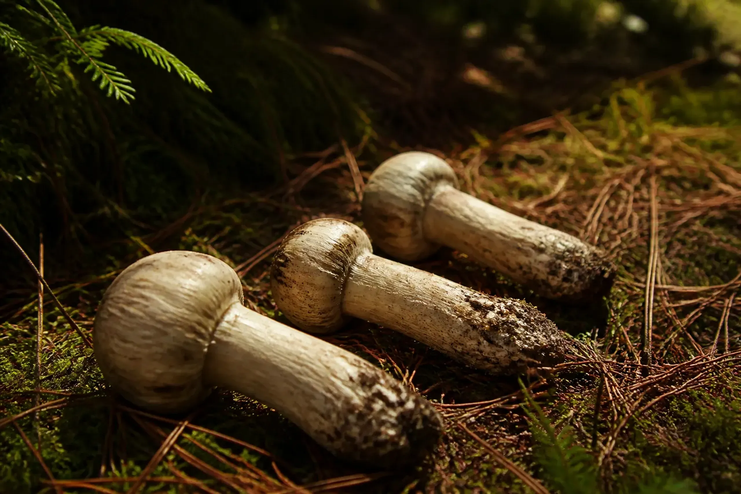 Fresh whole matsutake mushrooms resting on pine needles and moss in autumn light