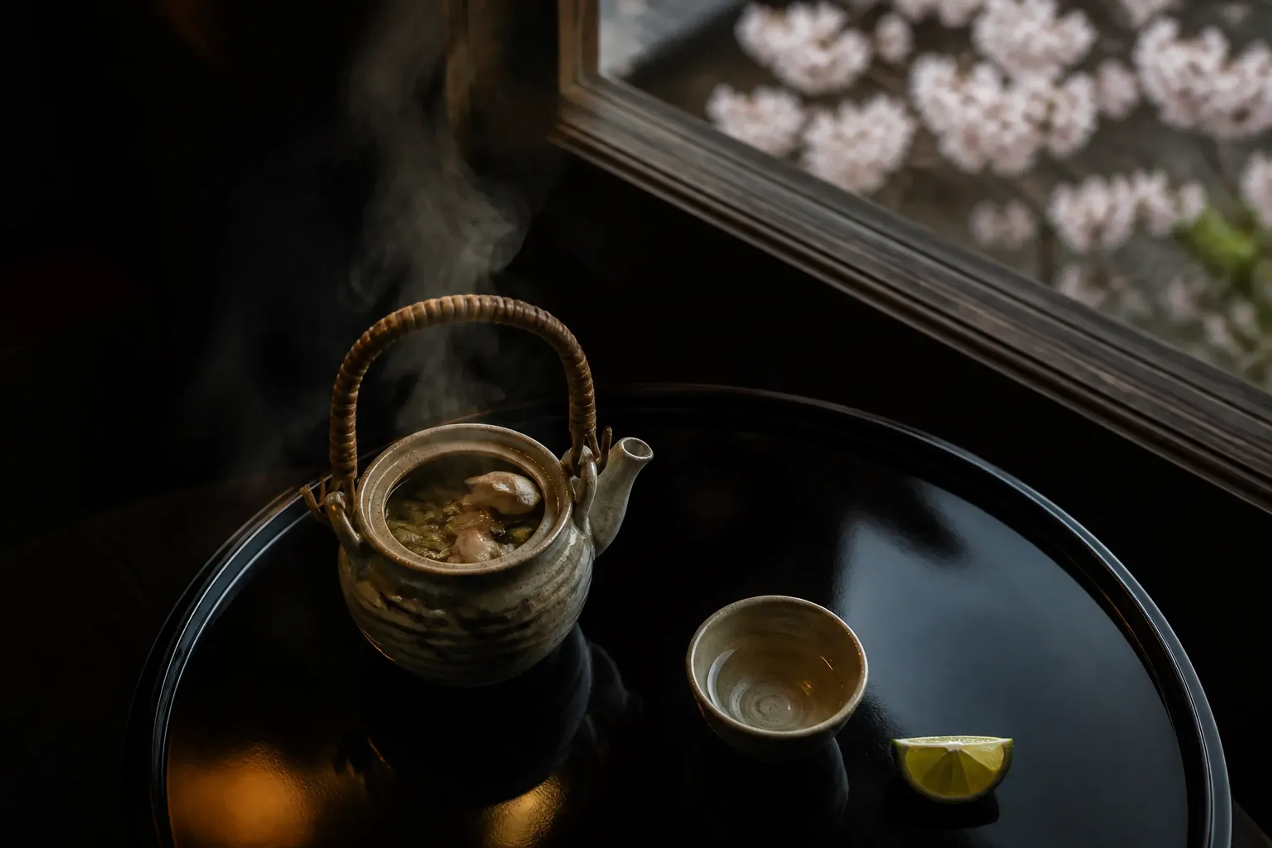 Matsutake dobin-mushi served in a small clay teapot with sudachi citrus on a lacquer tray