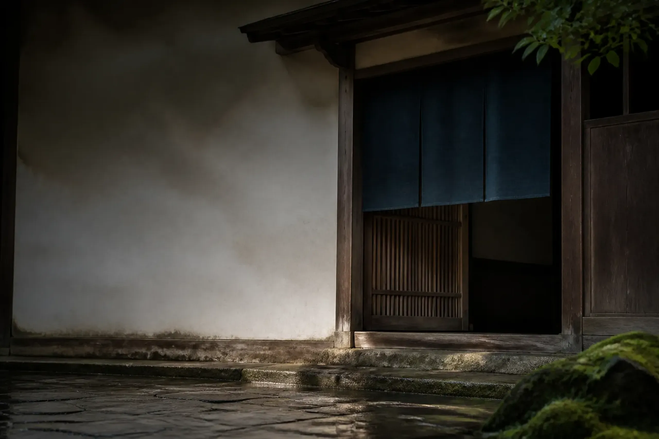 Person-free entrance of a traditional Japanese artisan studio with wooden sliding door and noren