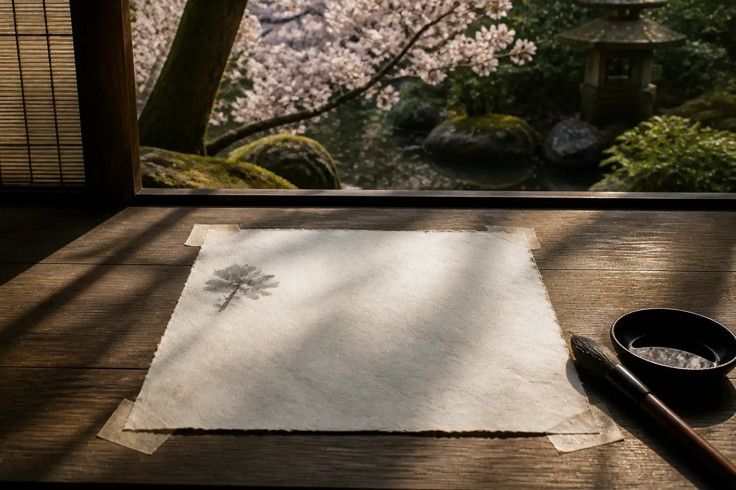 Large washi paper prepared on a studio floor with brush and sumi ink nearby