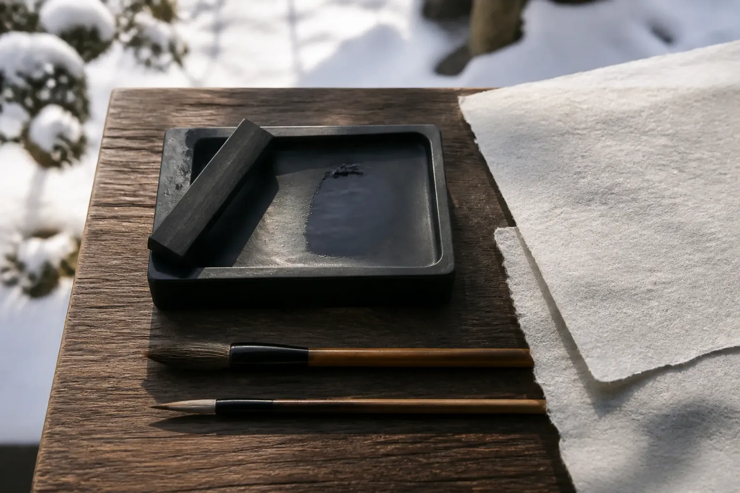 Inkstone with ground sumi ink, sumi stick, brushes, and washi paper on a table
