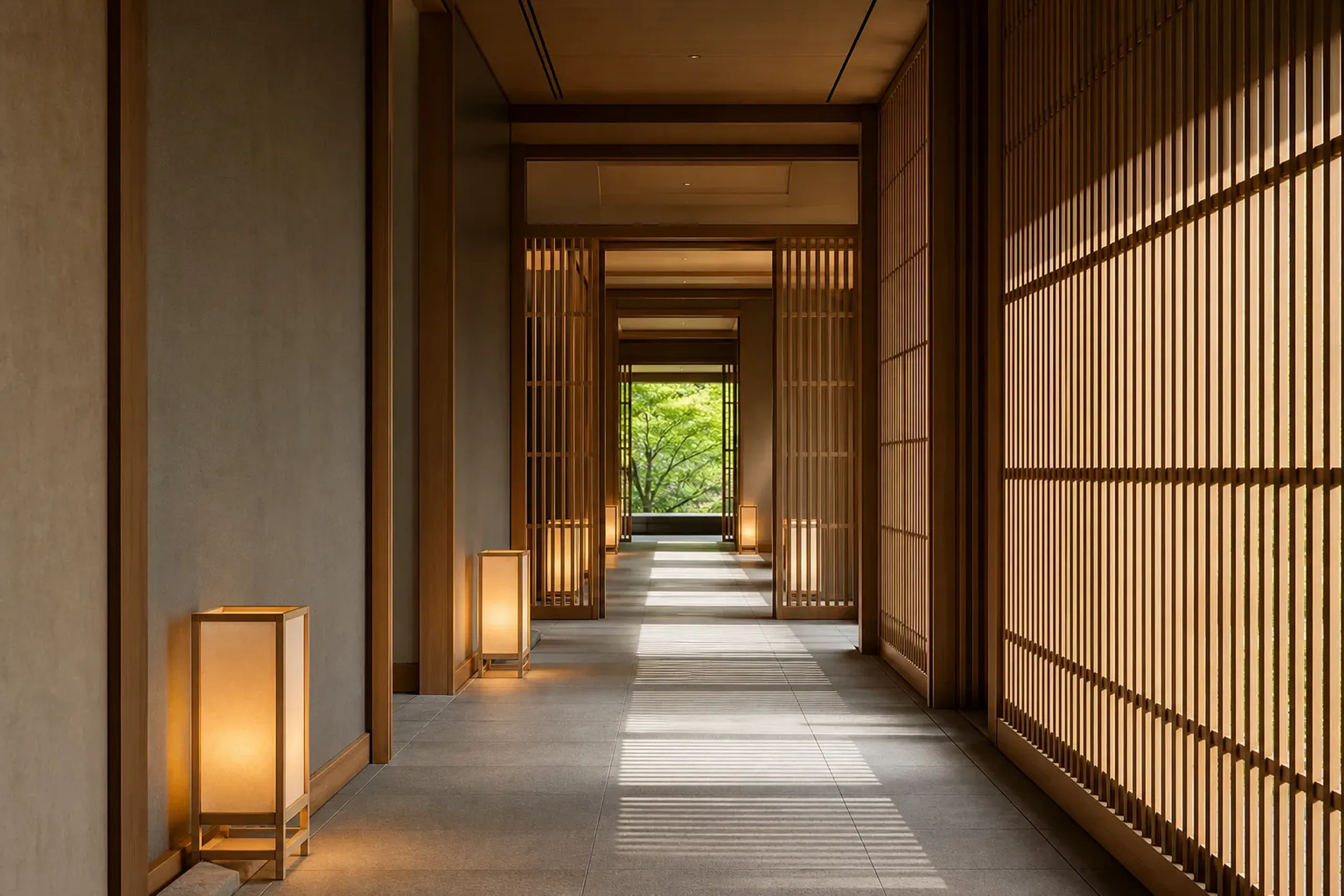 Modern Japanese hotel interior with layered wooden lattice screens and soft natural light