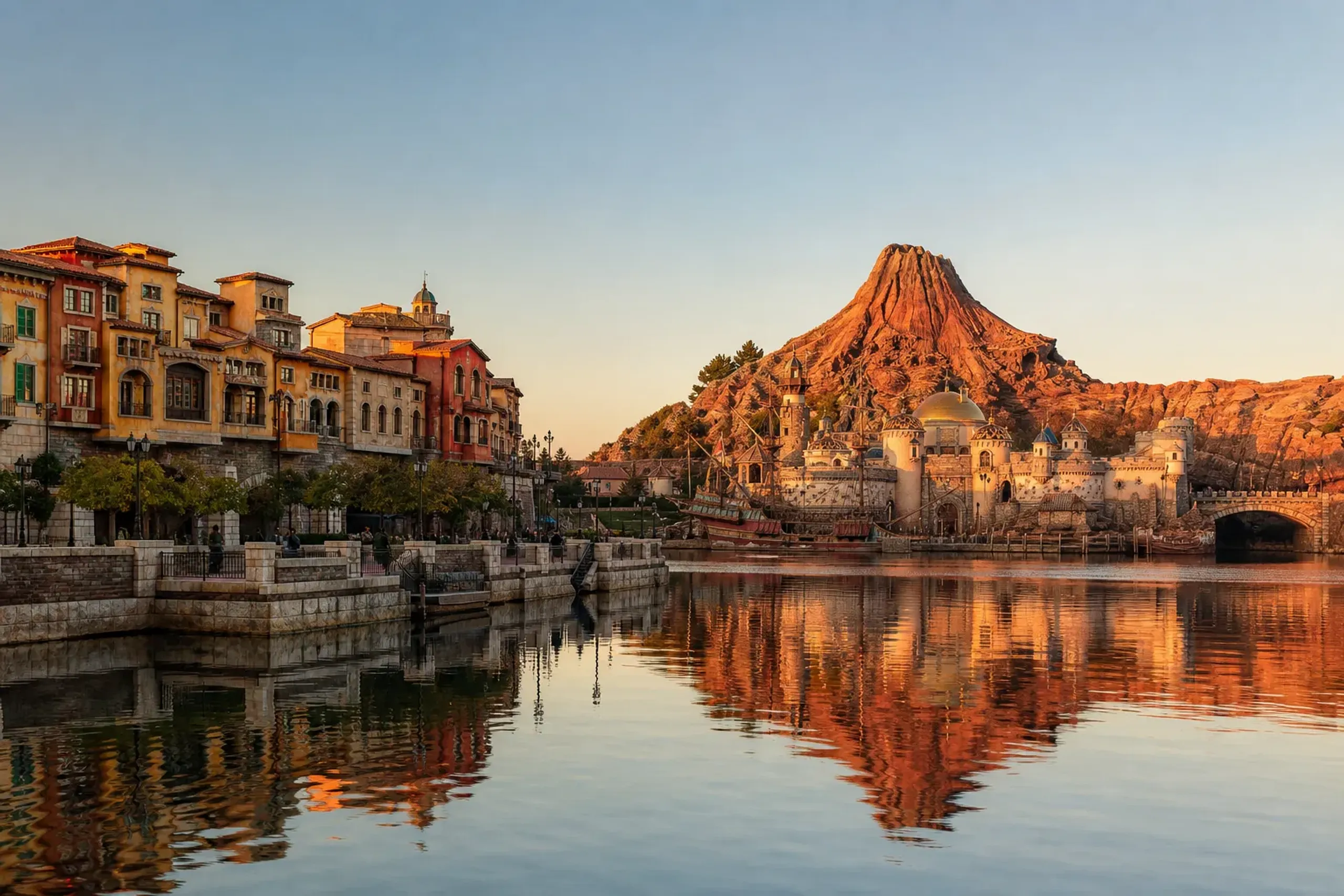 Golden morning light over Mediterranean Harbor at Tokyo DisneySea with calm water