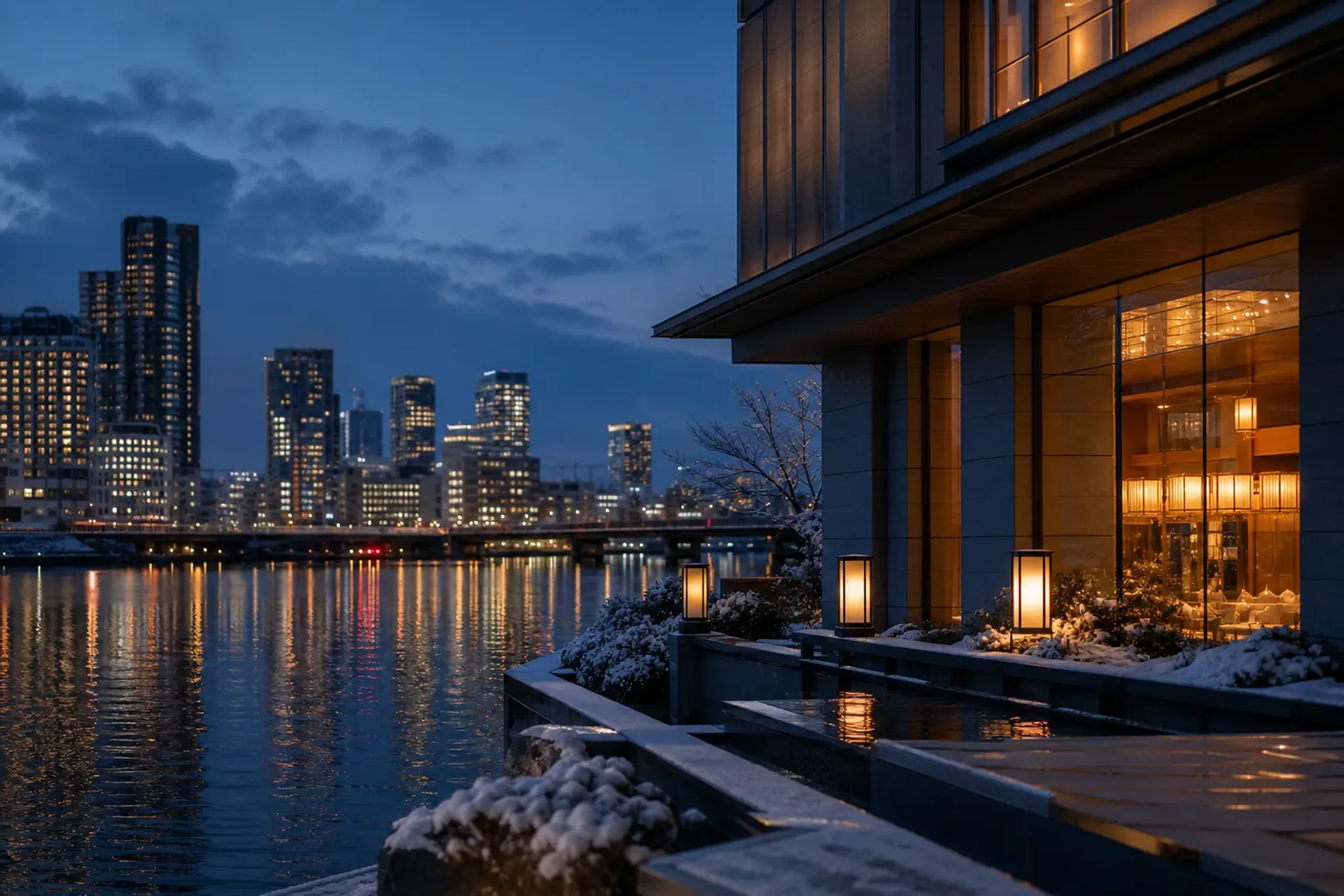 Osaka skyline at dusk with a modern luxury hotel building and river reflections